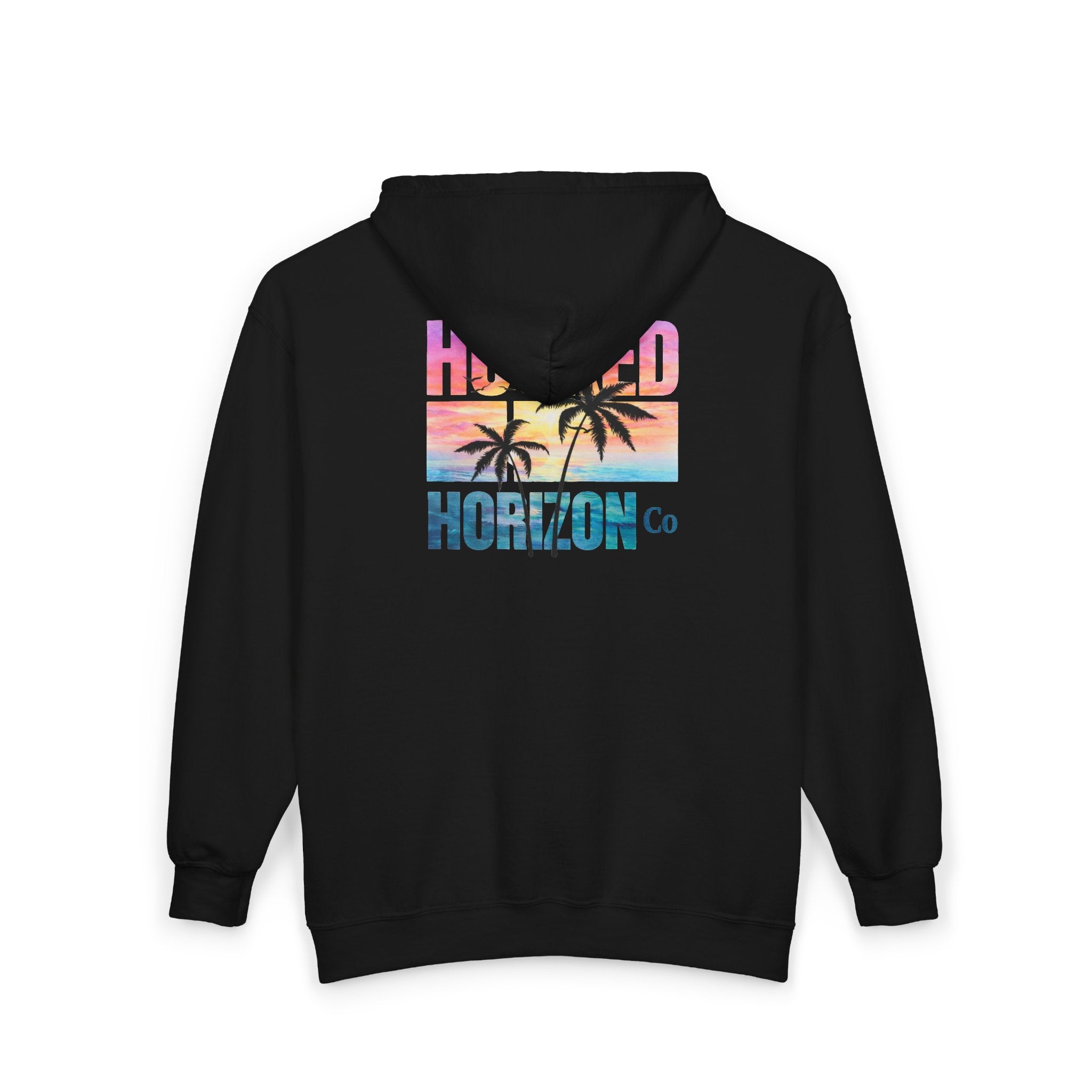 Hooked Horizon Co. Sunset & Palm Tree 90s Inspired Vacation Zip Hoodie - Tropical Palm Sunset Fishing Hoodie,  Multiple Color Variations