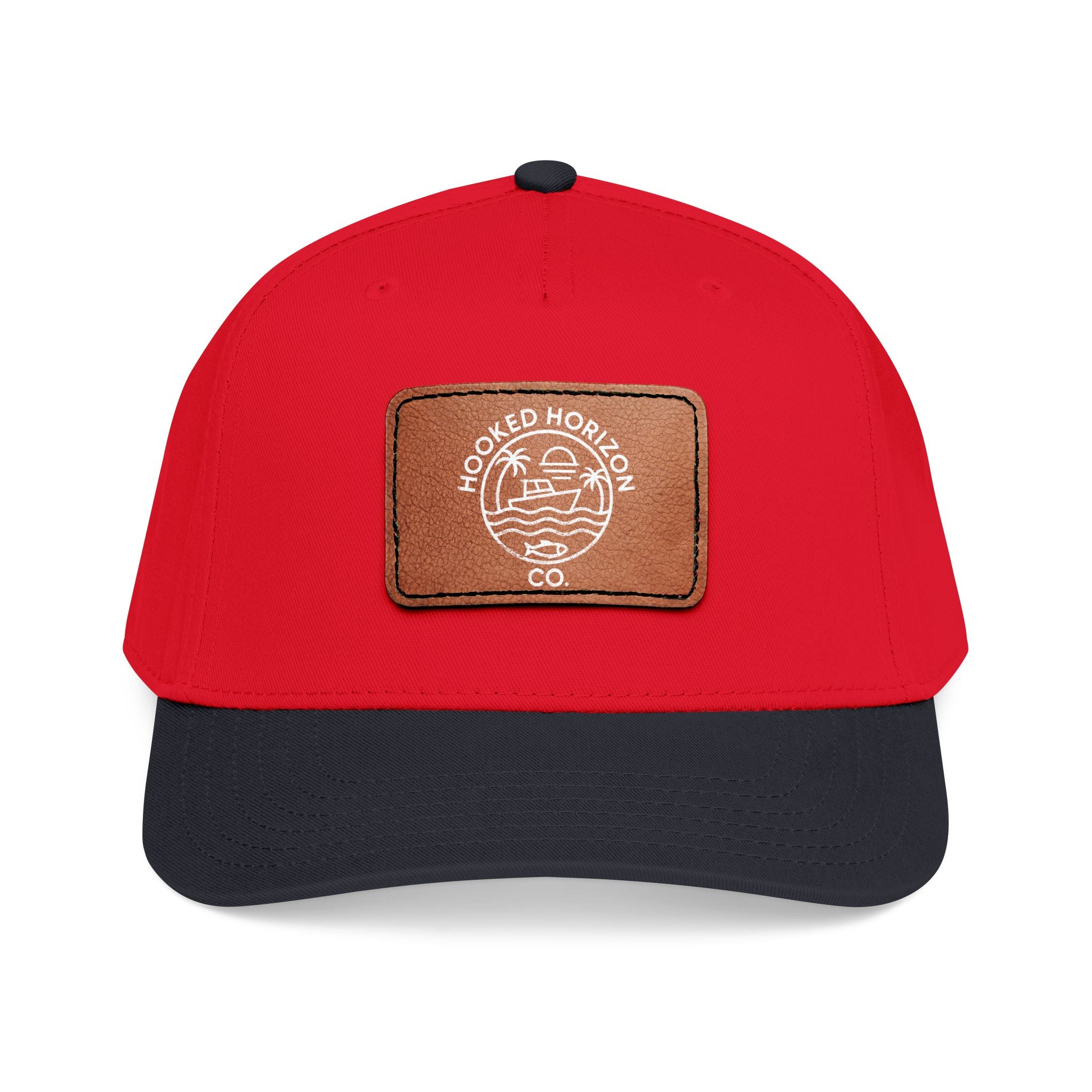 Hooked Horizon Co. 80s Inspired Logo–Leather Patch Baseball Cap — Hooked Horizon Co. Fishing Boat, Multiple Color Variations