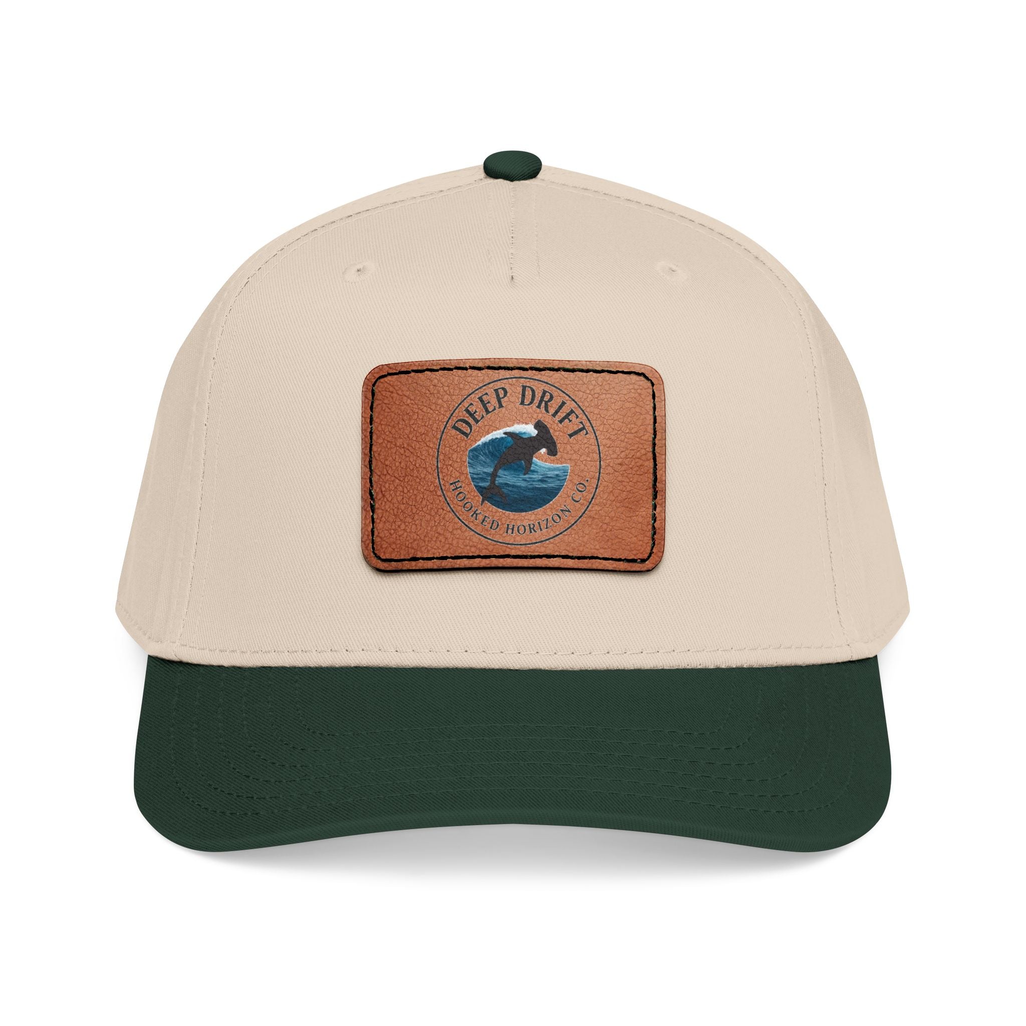 Deep Drift Leather Patch Baseball Cap — Hooked Horizon Co. Ocean Wave Logo, Multiple Color Variations