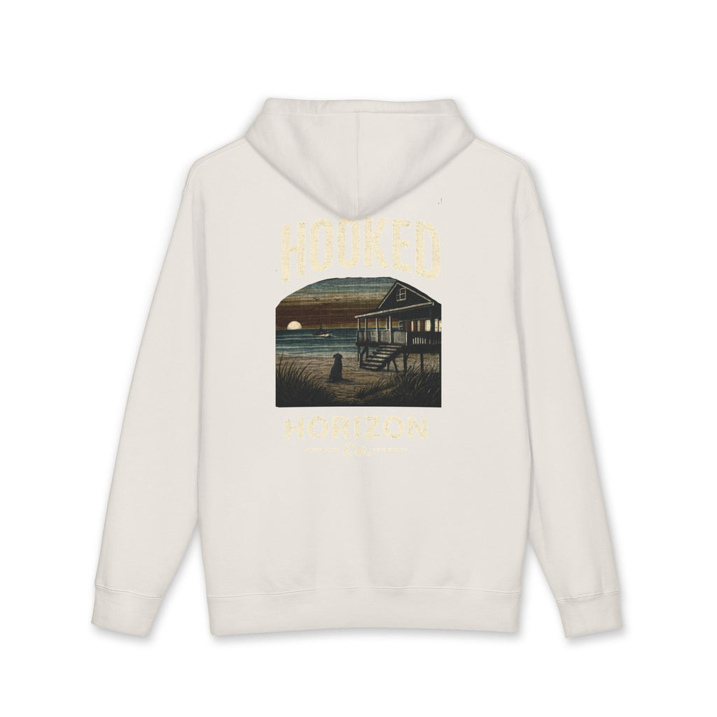 Dog & Sunset Hoodie Hooked Horizon Co. — Minimal Fishing Back Graphic Hoodie, Multiple Color Variations