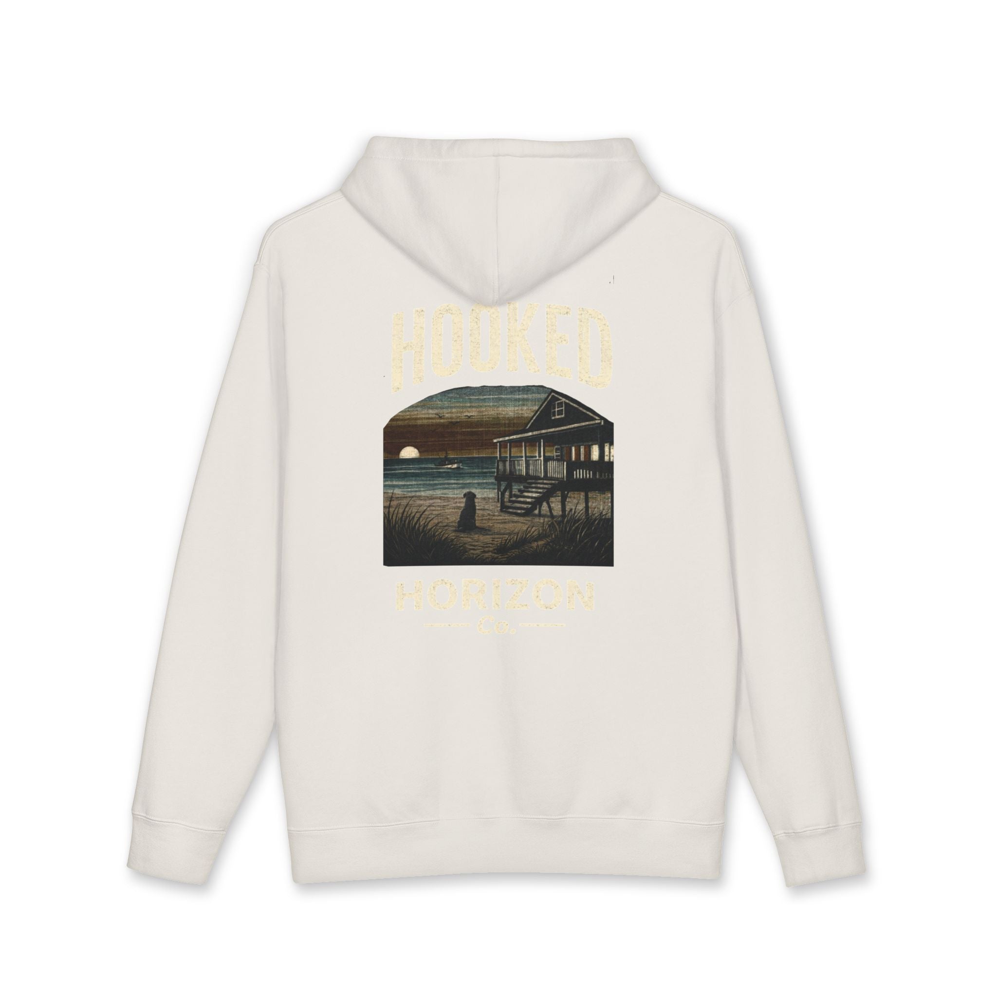 Dog & Sunset Hoodie Hooked Horizon Co. — Minimal Fishing Back Graphic Hoodie, Multiple Color Variations