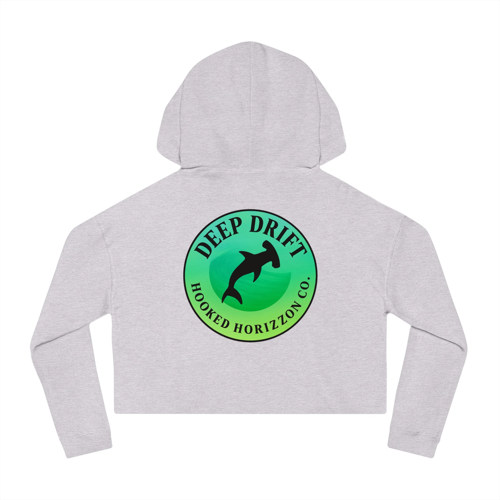 Green Hammer Head Shark Cropped Hoodie — "Deep Drift on the Water" Fishing Graphic