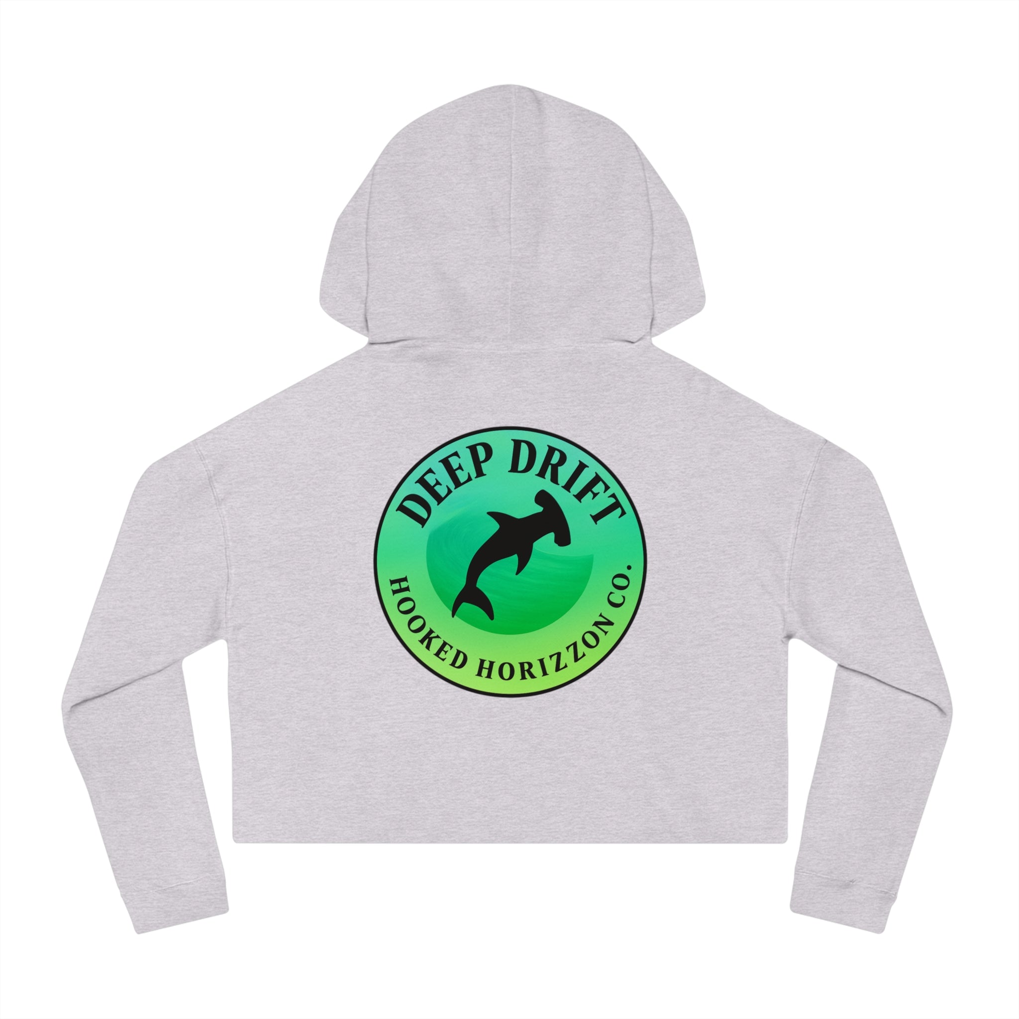 Green Hammer Head Shark Cropped Hoodie — "Deep Drift on the Water" Fishing Graphic