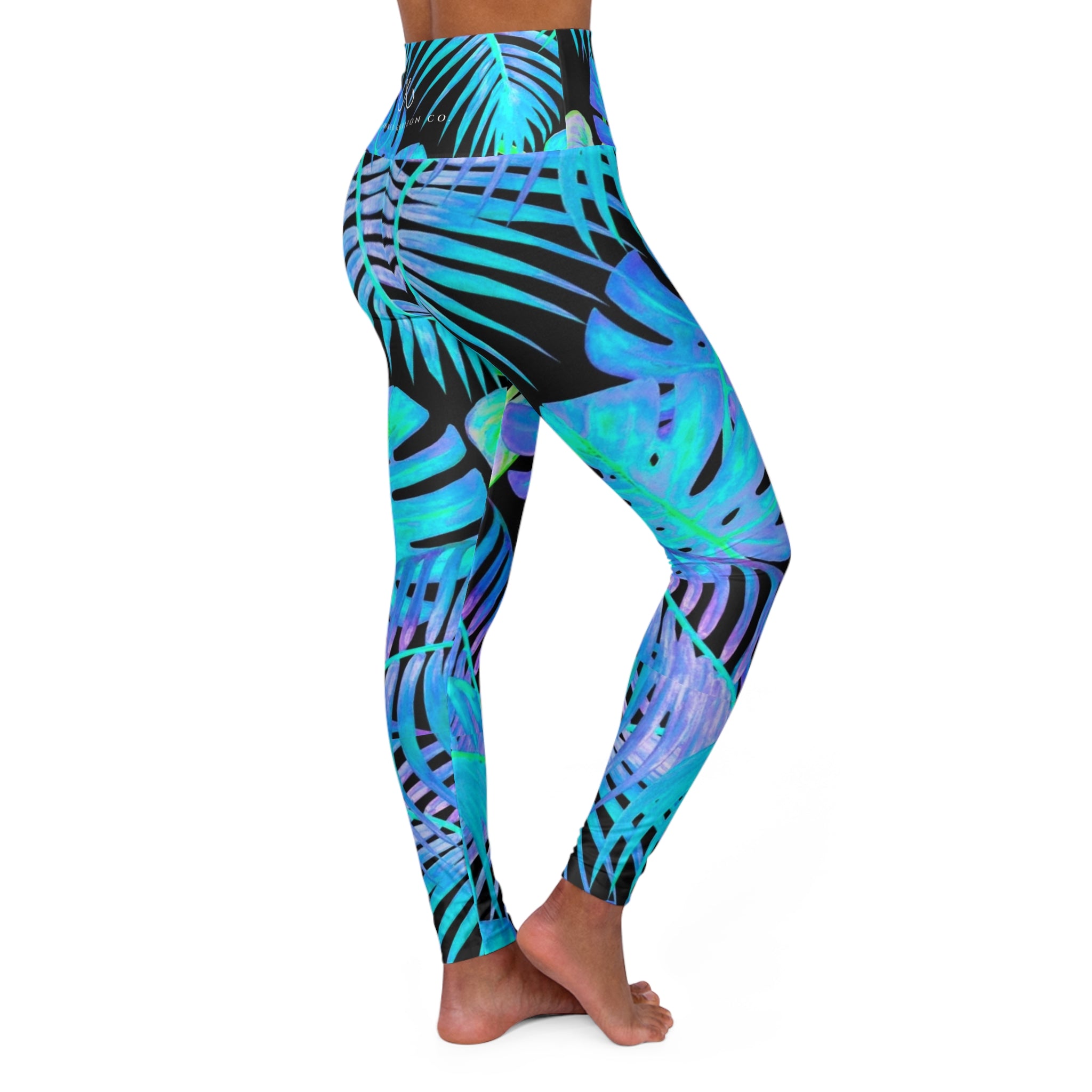 Tropical Blue Feather High-Waisted Yoga Leggings — Hooked Horizon Co. Comfortable Activewear, Fitness Pants, Ideal for Gym, Yoga, and Weekend Brunch