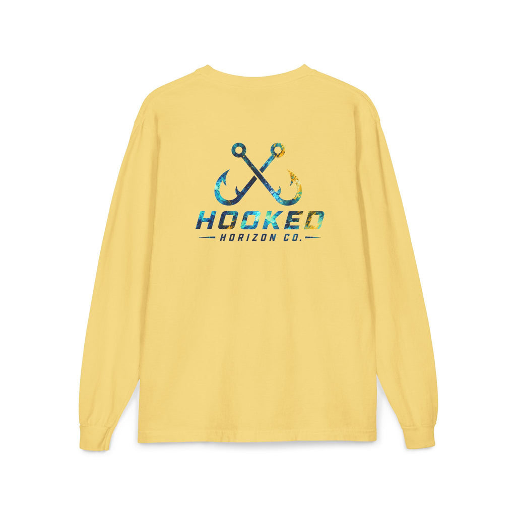Blue & Gold Hooked Horizon Co.  Classic Logo Unisex Long Sleeve Pocket T-Shirt