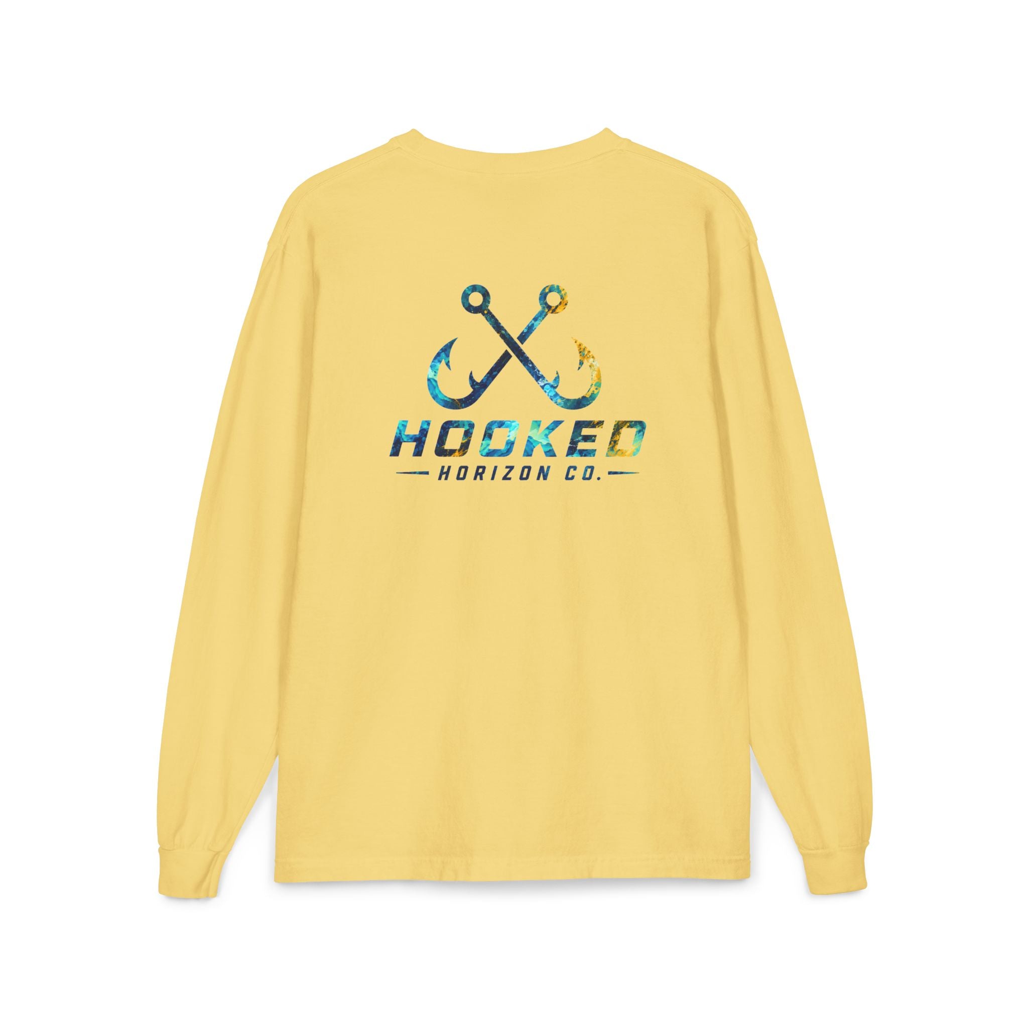 Blue & Gold Hooked Horizon Co.  Classic Logo Unisex Long Sleeve Pocket T-Shirt