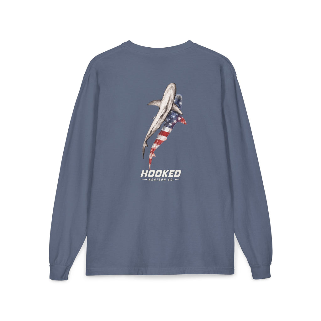 USA Shark Hooked Horizon Co.  Classic Logo Unisex Long Sleeve Pocket T-Shirt
