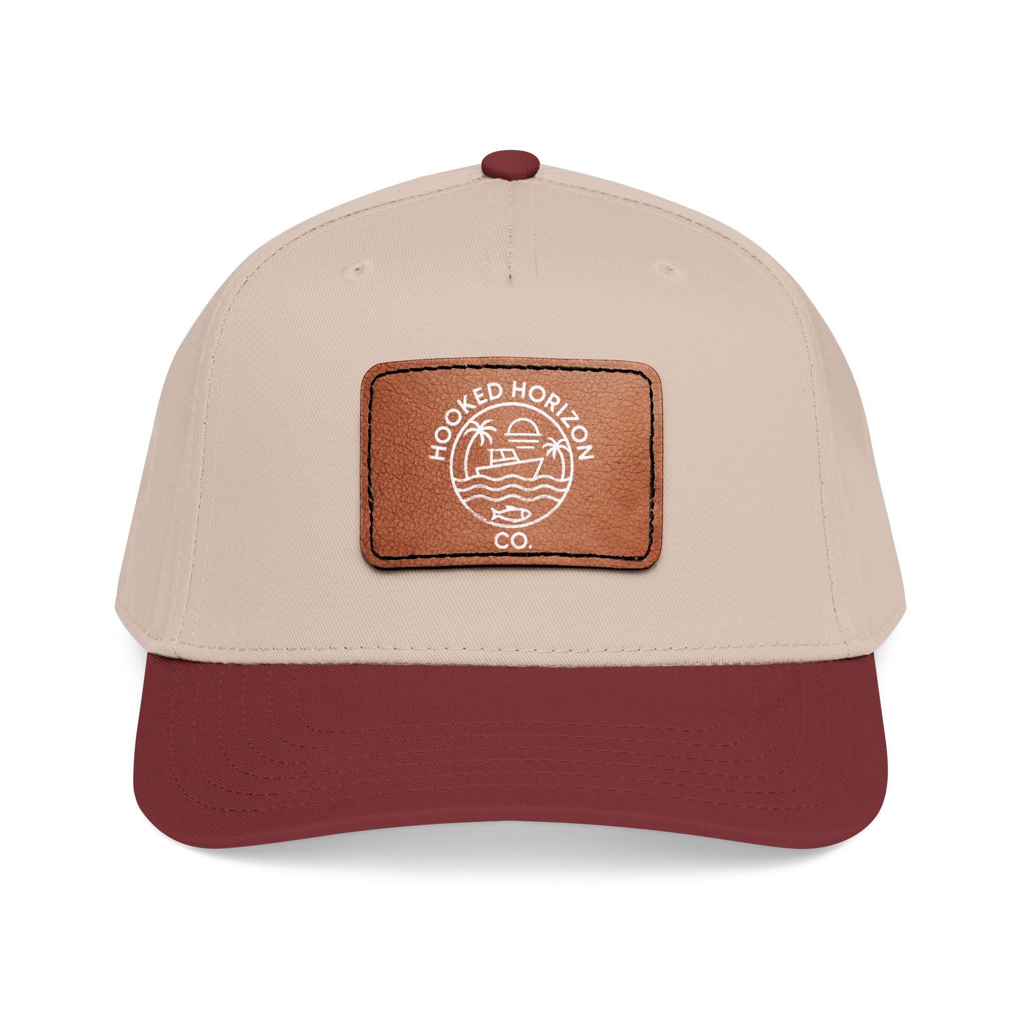Hooked Horizon Co. 80s Inspired Logo–Leather Patch Baseball Cap — Hooked Horizon Co. Fishing Boat, Multiple Color Variations