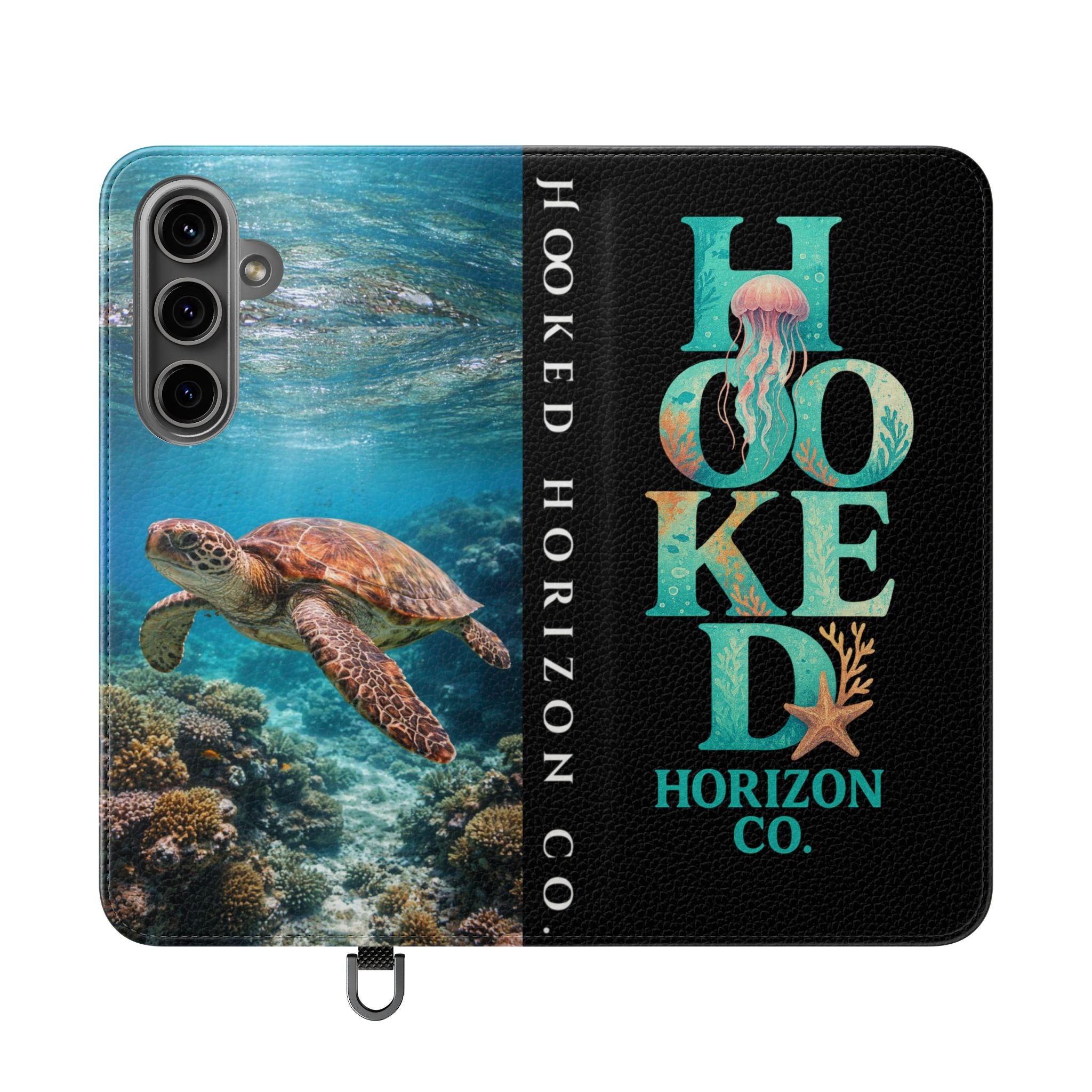 Turtle Hooked Horizon Co Flip Phone Case — Turquoise Water Pattern Wallet Cover