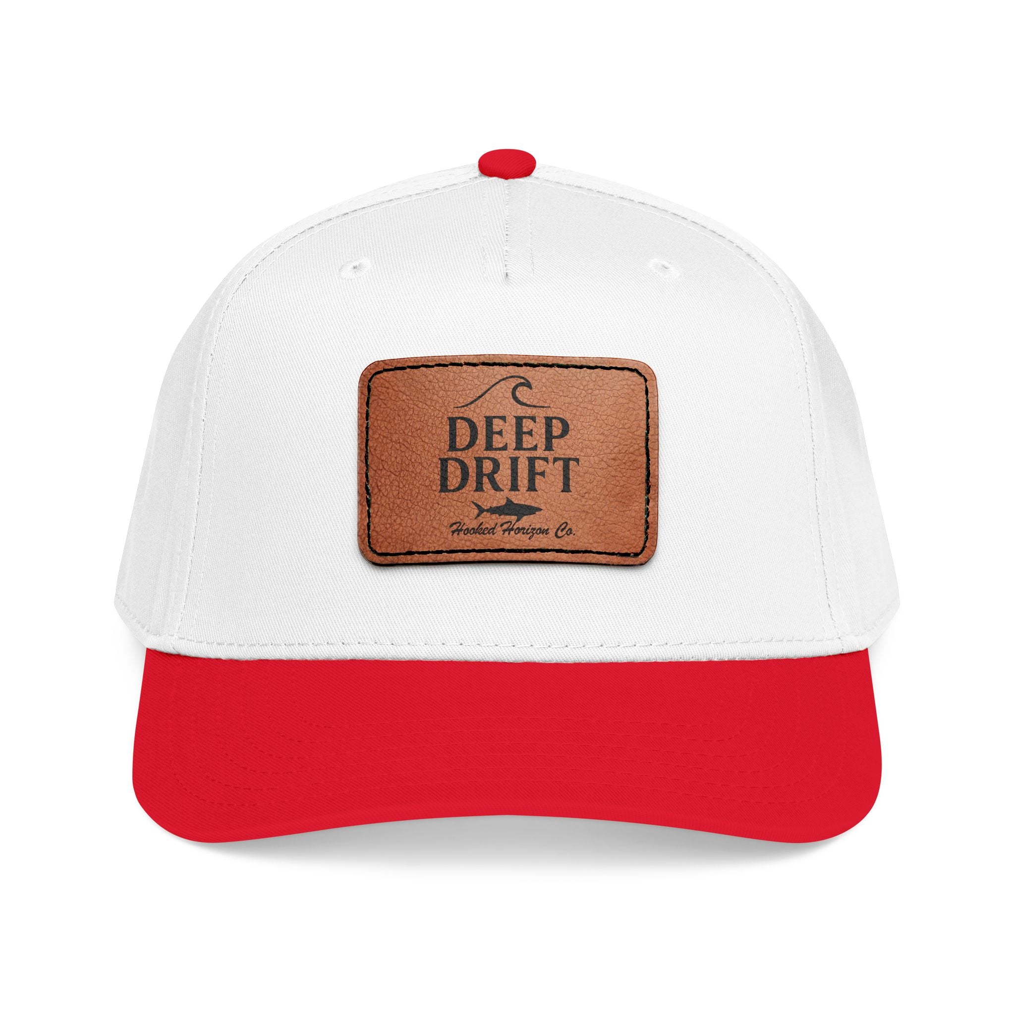 "Deep Drift" Shark Wave Leather Patch Baseball Cap — Hooked Horizon Co. Ocean Wave Logo, Multiple Color Variations