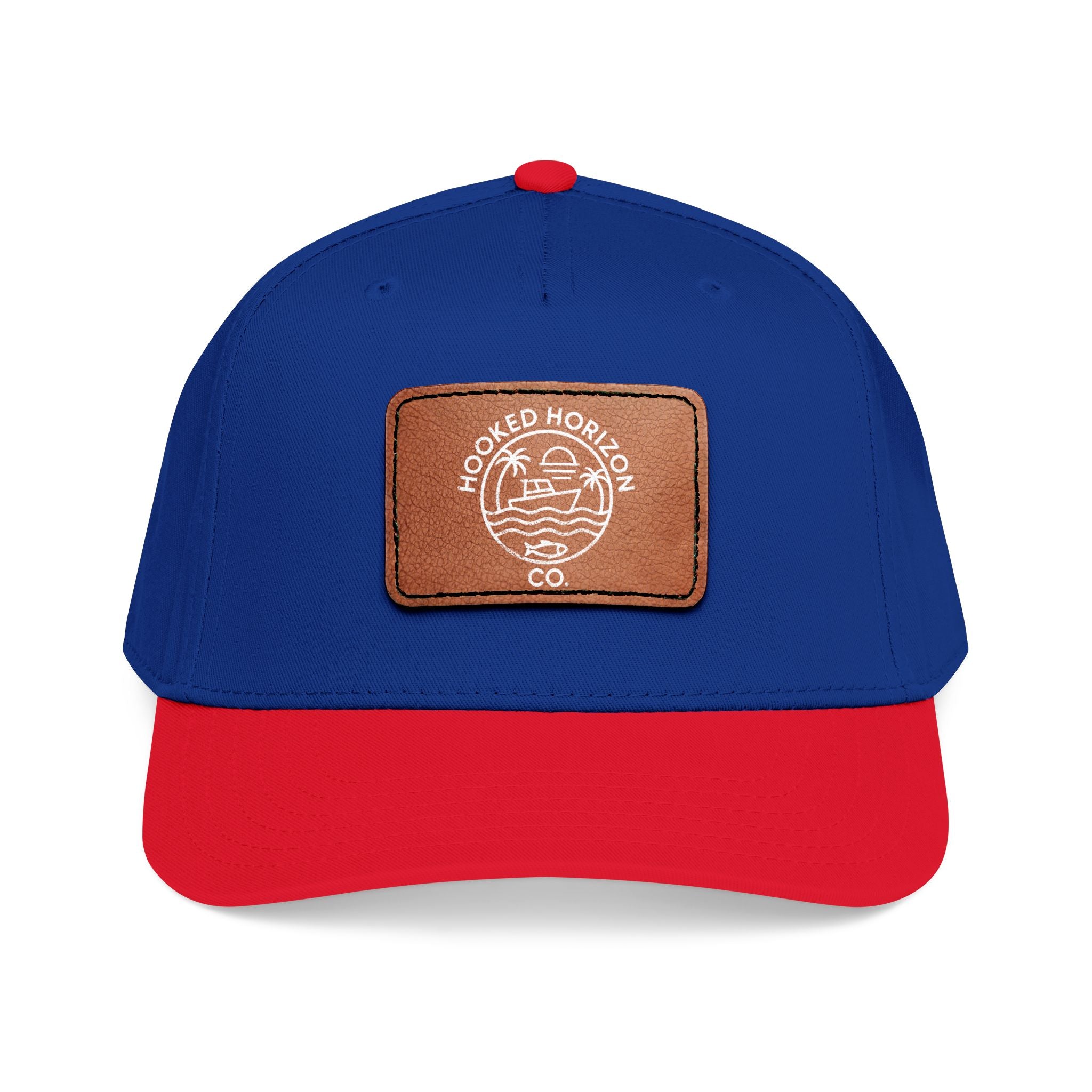 Hooked Horizon Co. 80s Inspired Logo–Leather Patch Baseball Cap — Hooked Horizon Co. Fishing Boat, Multiple Color Variations
