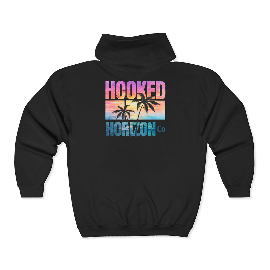 Hooked Horizon Co. Sunset & Palm Tree 90s Inspired Vacation Zip Hoodie - Tropical Palm Sunset Fishing Hoodie,  Multiple Color Variations