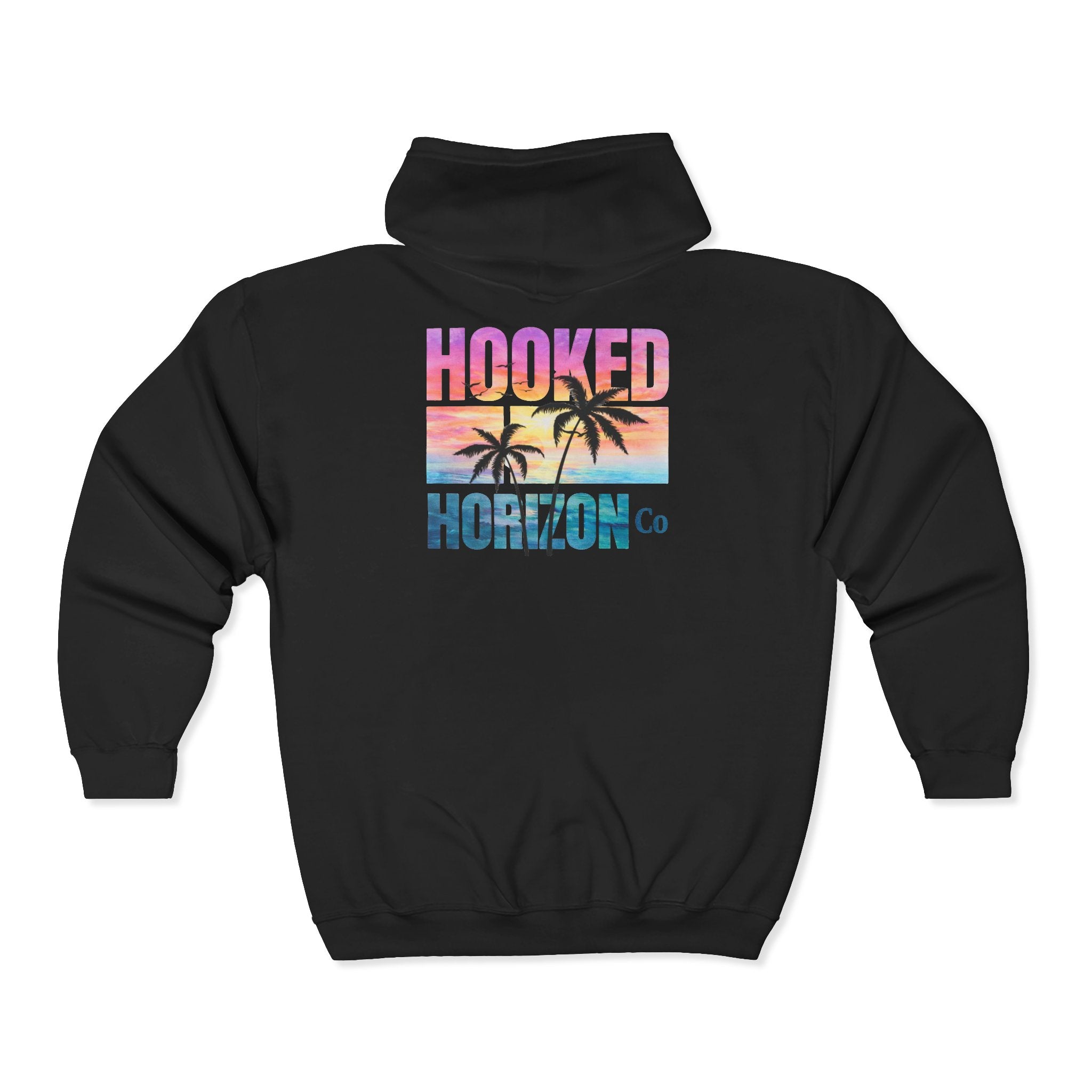 Hooked Horizon Co. Sunset & Palm Tree 90s Inspired Vacation Zip Hoodie - Tropical Palm Sunset Fishing Hoodie,  Multiple Color Variations