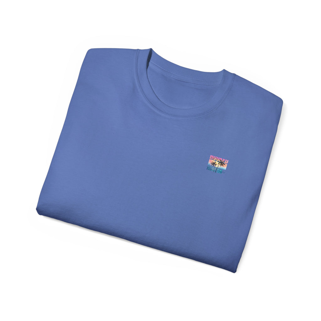 Sunset & Palm Tree T-Shirt — "Hooked" Boat & Horizon Graphic Tee, Multiple Color Variations