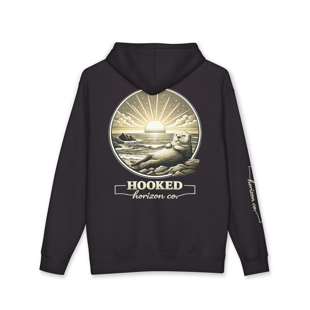 Sea Otter & Sunset Hoodie Hooked Horizon Co. — Minimal Fishing Back Graphic Hoodie, Multiple Color Variations