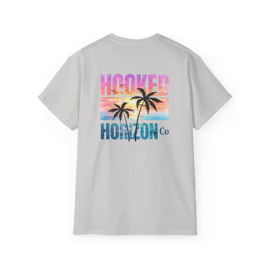 Sunset & Palm Tree T-Shirt — "Hooked" Boat & Horizon Graphic Tee, Multiple Color Variations