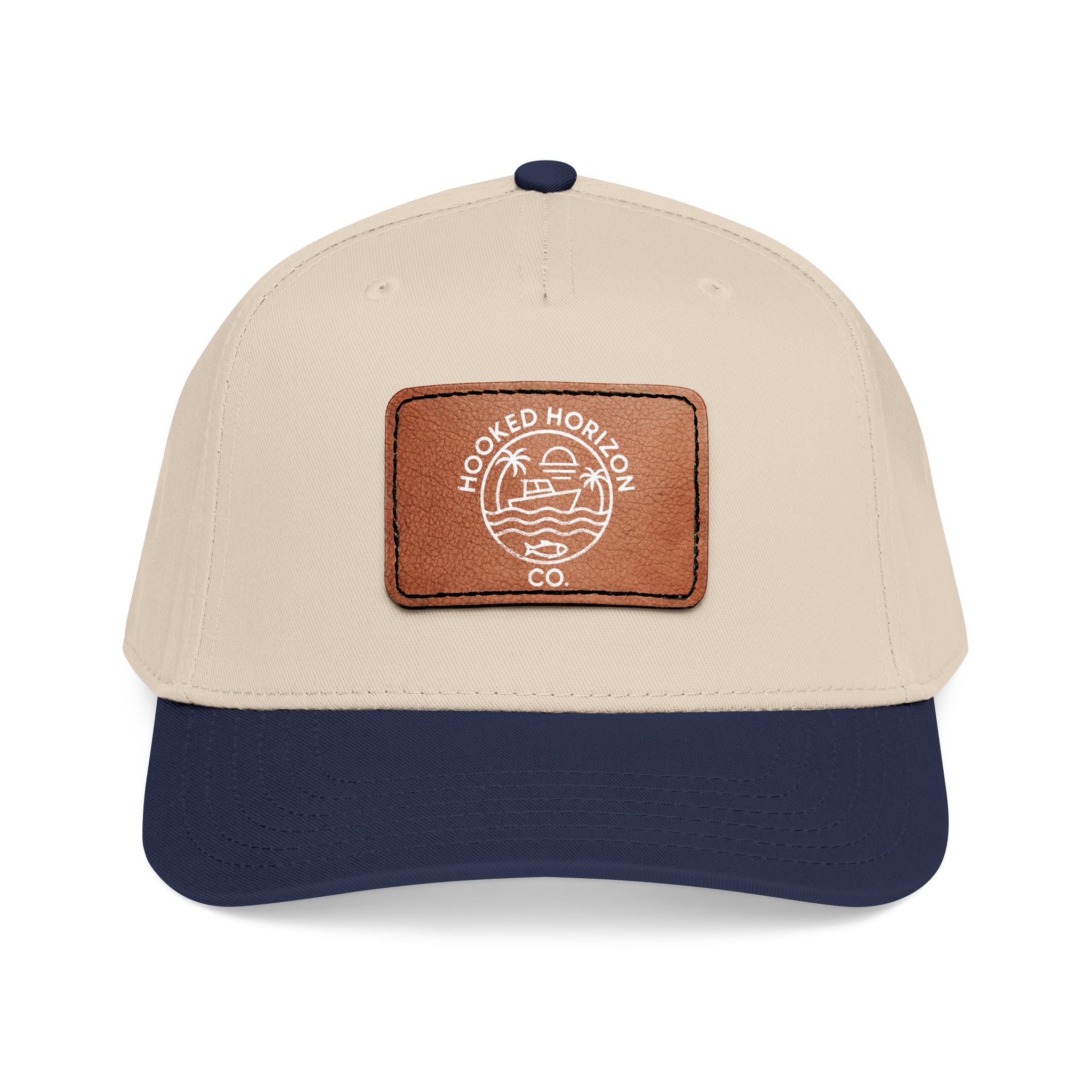 Hooked Horizon Co. 80s Inspired Logo–Leather Patch Baseball Cap — Hooked Horizon Co. Fishing Boat, Multiple Color Variations