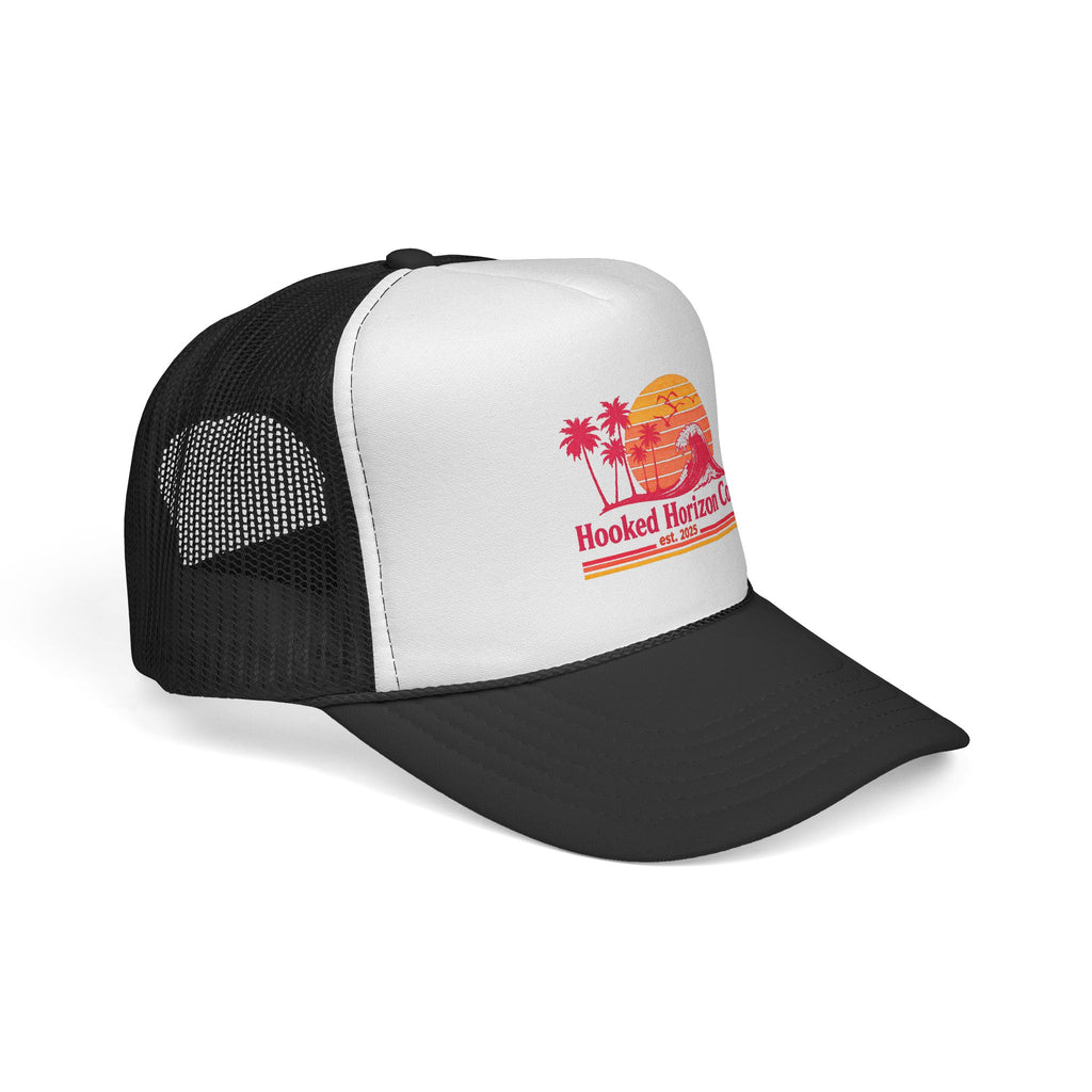 Hooked Horizon Co.  Wave, Sunset & Palm Tree 90s Inspired Trucker Cap — Outdoor & Beach Hat Ocean Conservation Gifts For Him & Her