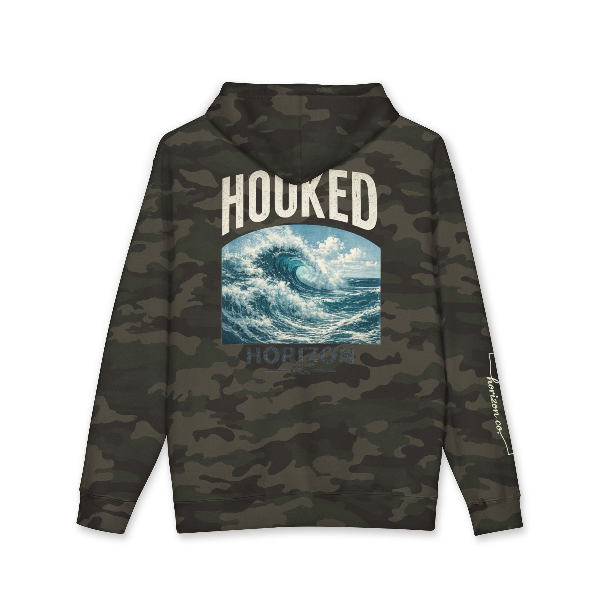 Wave Hoodie Hooked Horizon Co. — Minimal Fishing Back Graphic Hoodie, Multiple Color Variations