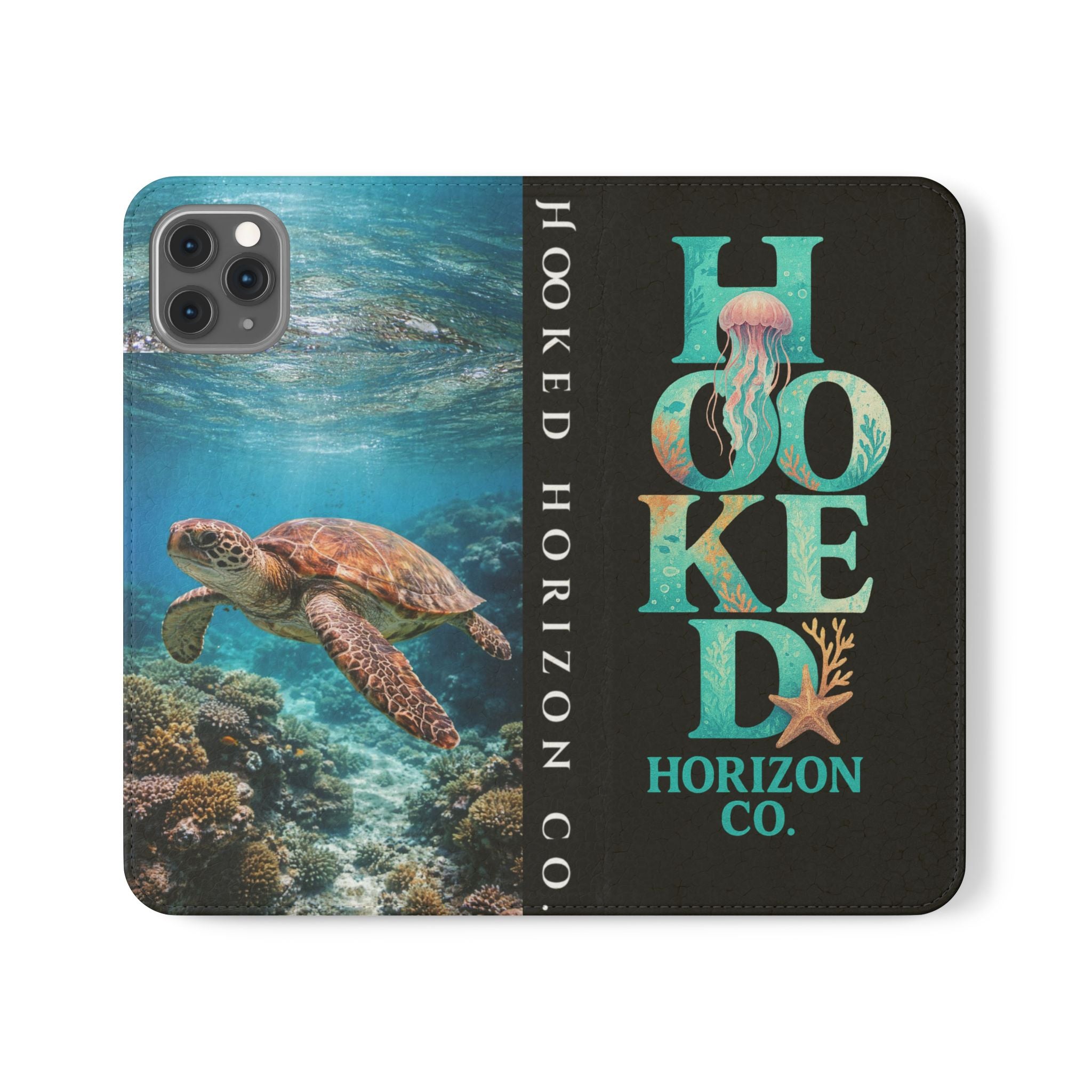 Turtle Hooked Horizon Co Flip Phone Case — Turquoise Water Pattern Wallet Cover