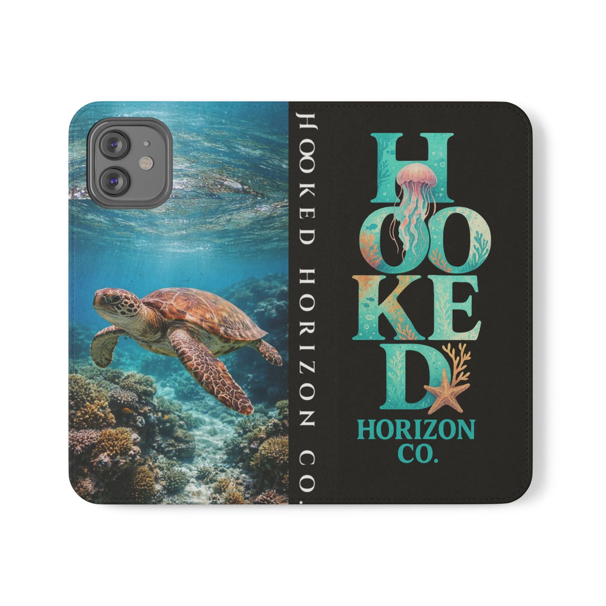 Turtle Hooked Horizon Co Flip Phone Case — Turquoise Water Pattern Wallet Cover