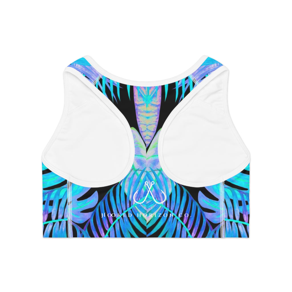 Tropical Blue Feather Palm Sports Bra —Hooked Horizon Co. Stylish Sports Bra for Activewear, Workout Top, Gym Essential, Fitness Apparel, Athleisure Wear, Yoga Gear