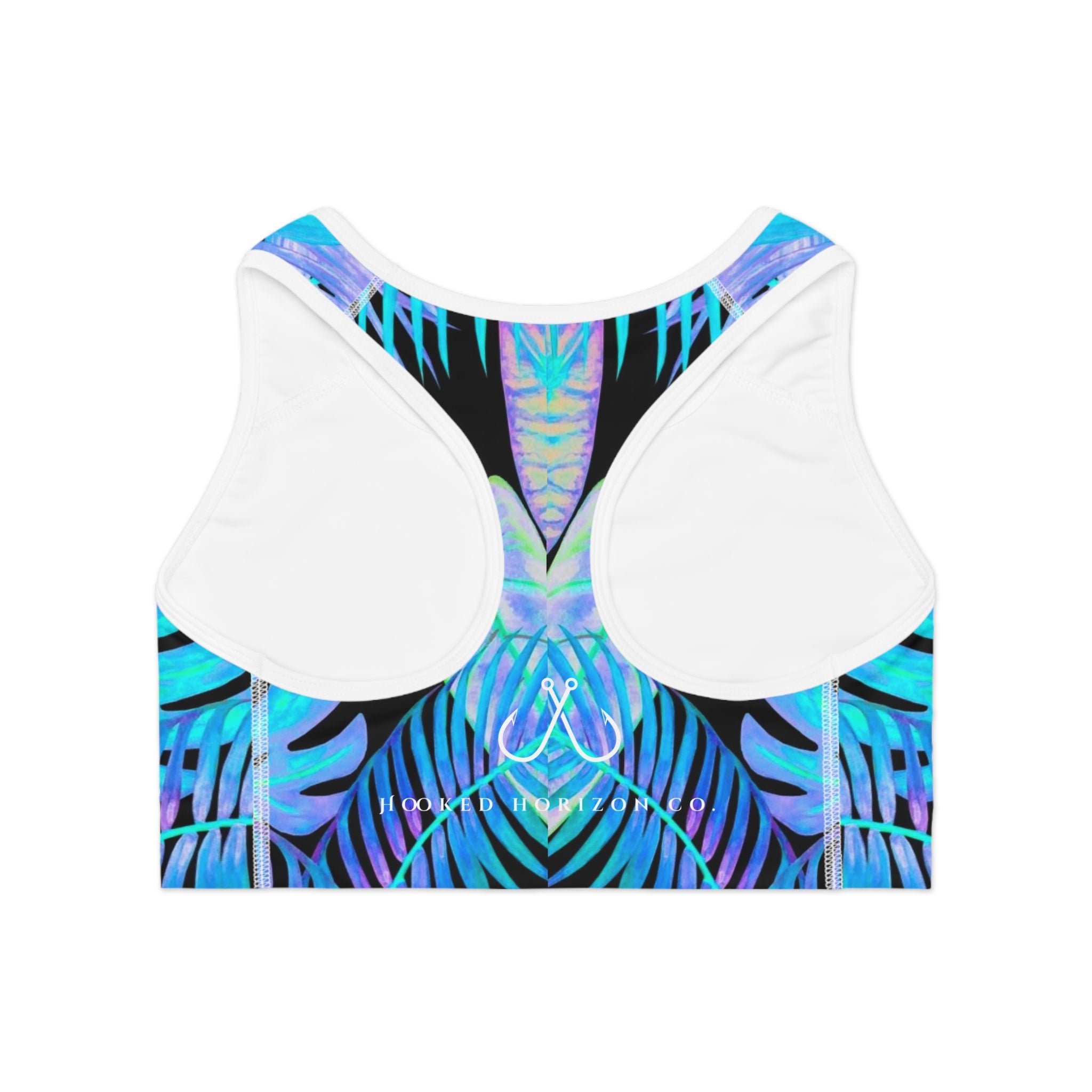Tropical Blue Feather Palm Sports Bra —Hooked Horizon Co. Stylish Sports Bra for Activewear, Workout Top, Gym Essential, Fitness Apparel, Athleisure Wear, Yoga Gear
