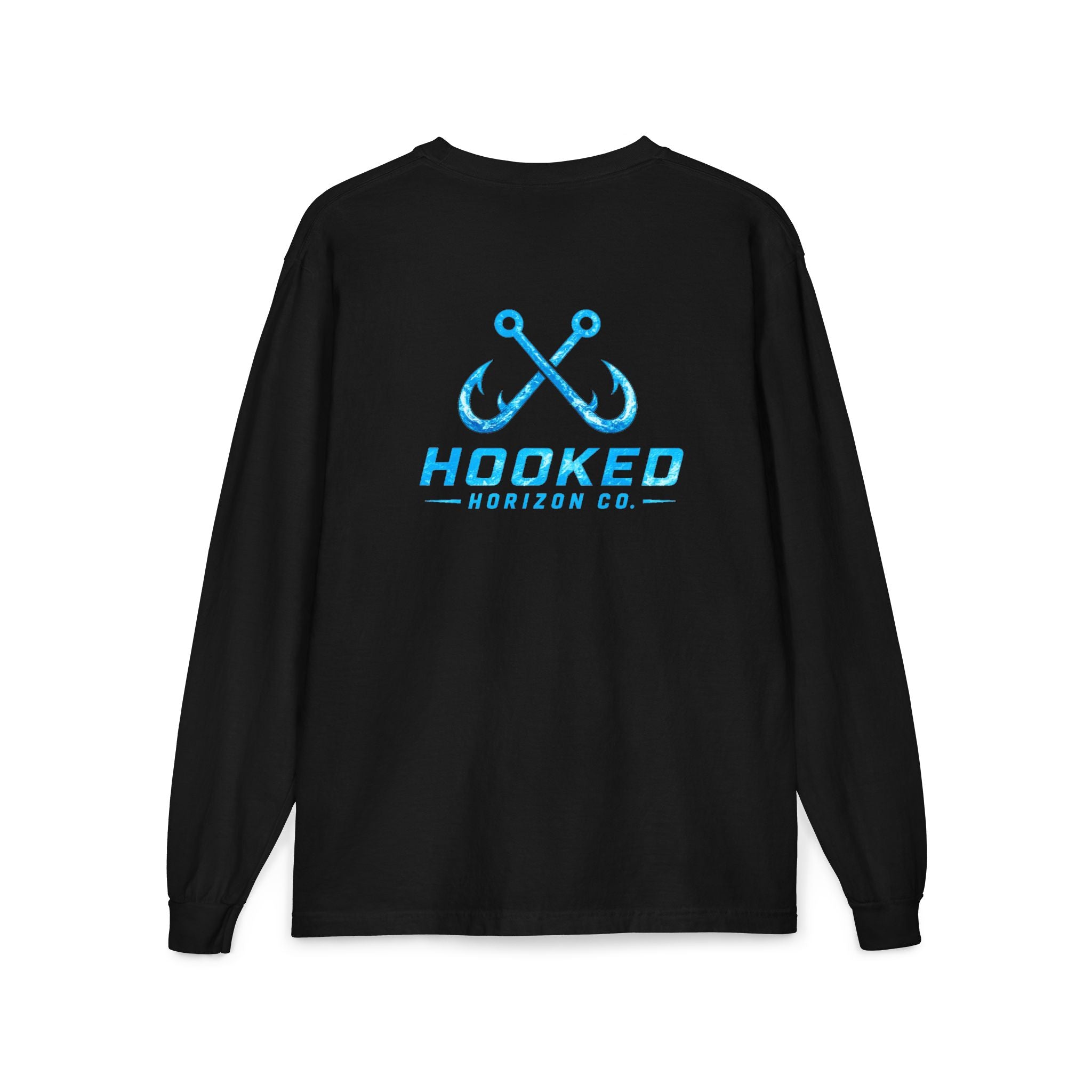 Bright Blue Hooked Horizon Co.  Classic Logo Unisex Long Sleeve Pocket T-Shirt