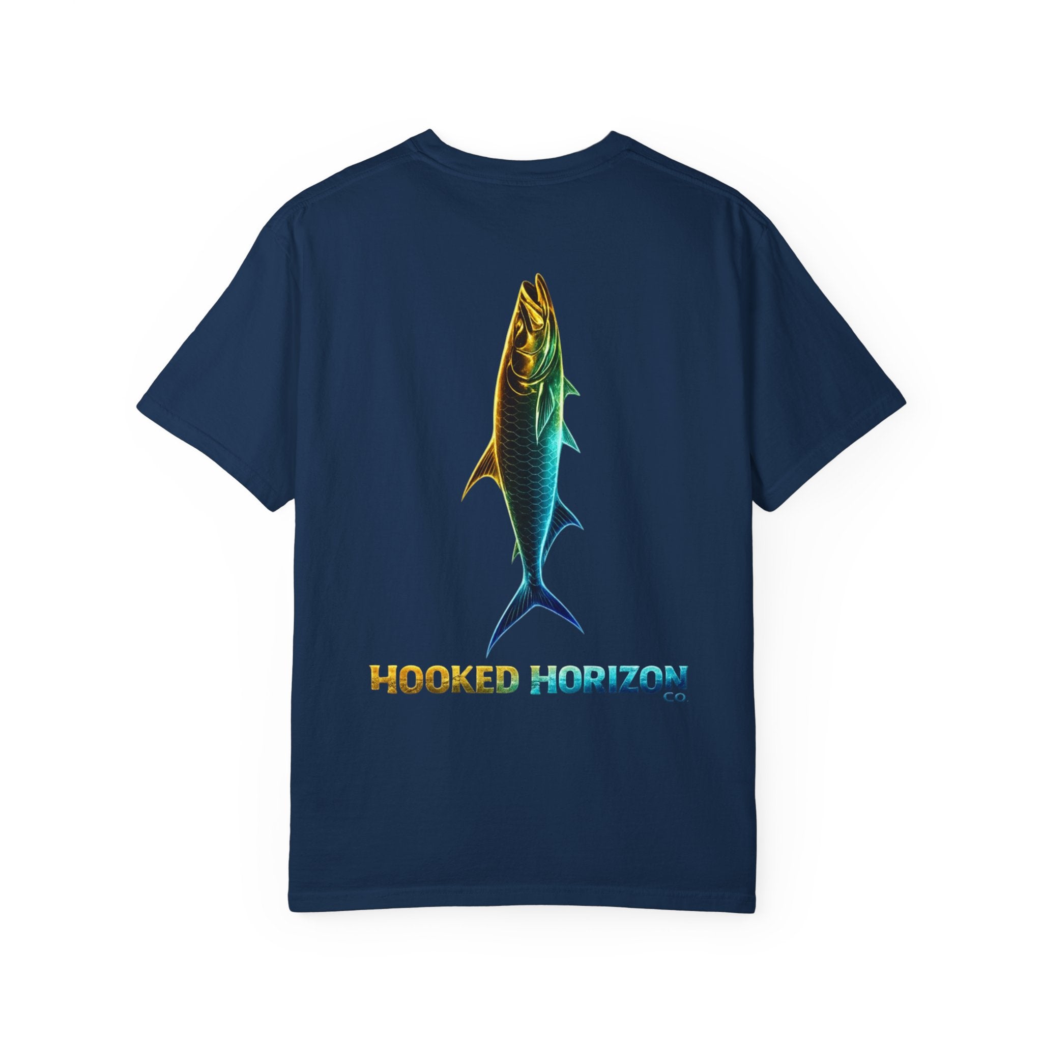 Gold & Blue Tarpon Hooked Horizon Co. — Deep Drift Fishing Graphicishing Tee for Angler Lovers, Shark Lovers, Ocean Tee