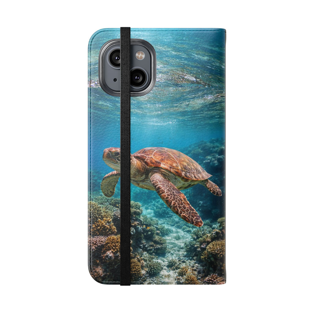 Turtle Hooked Horizon Co Flip Phone Case — Turquoise Water Pattern Wallet Cover