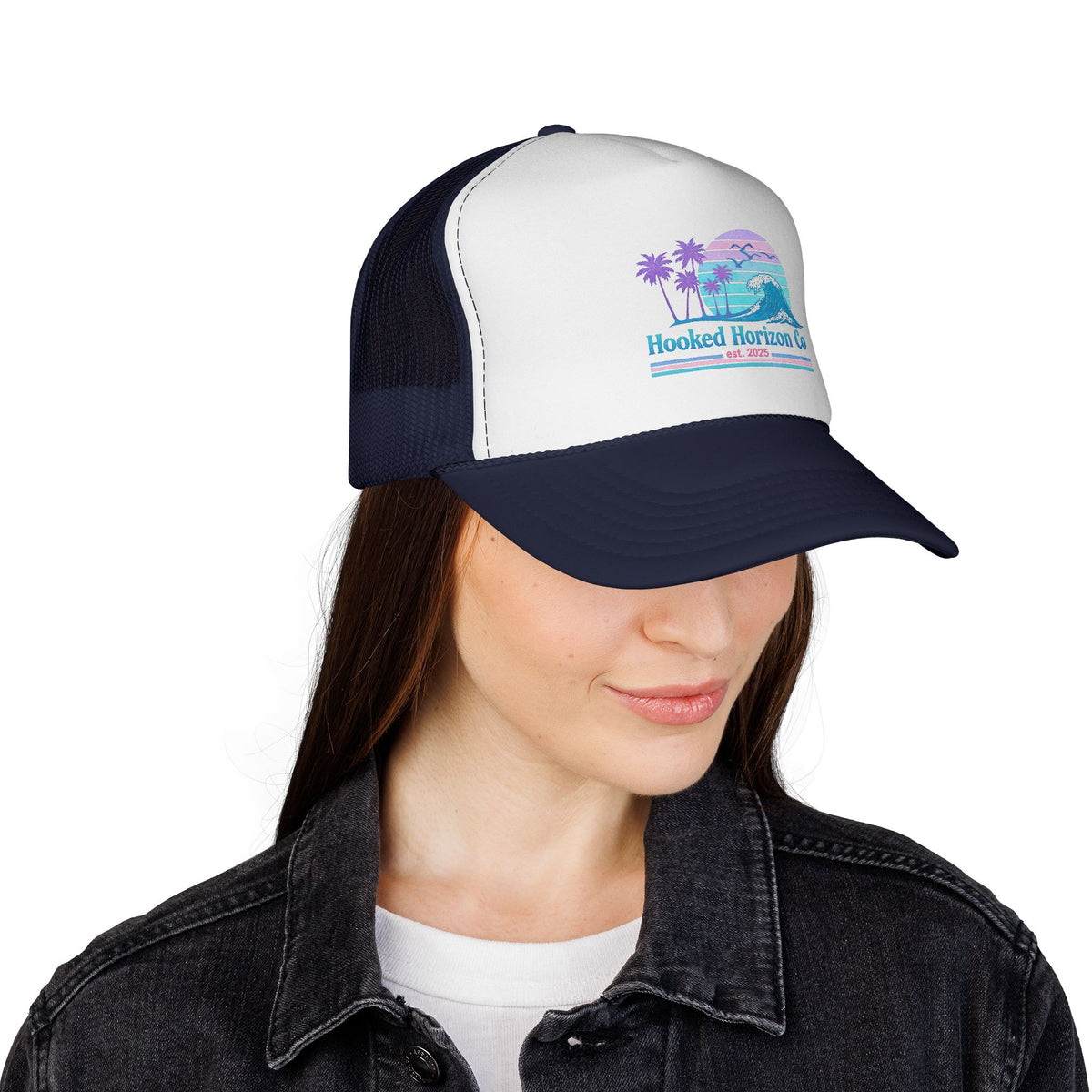 Hooked Horizon Co.  Wave, Sunset & Palm Tree 90s Inspired Trucker Cap in Purple & Blue — Outdoor & Beach Hat Ocean Conservation Gifts For Him & Her