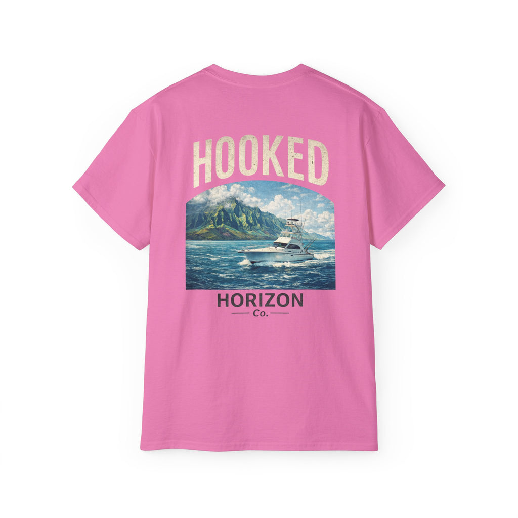 Fishing Charter T-Shirt — "Hooked" Boat & Horizon Graphic Tee, Multiple Color Variations