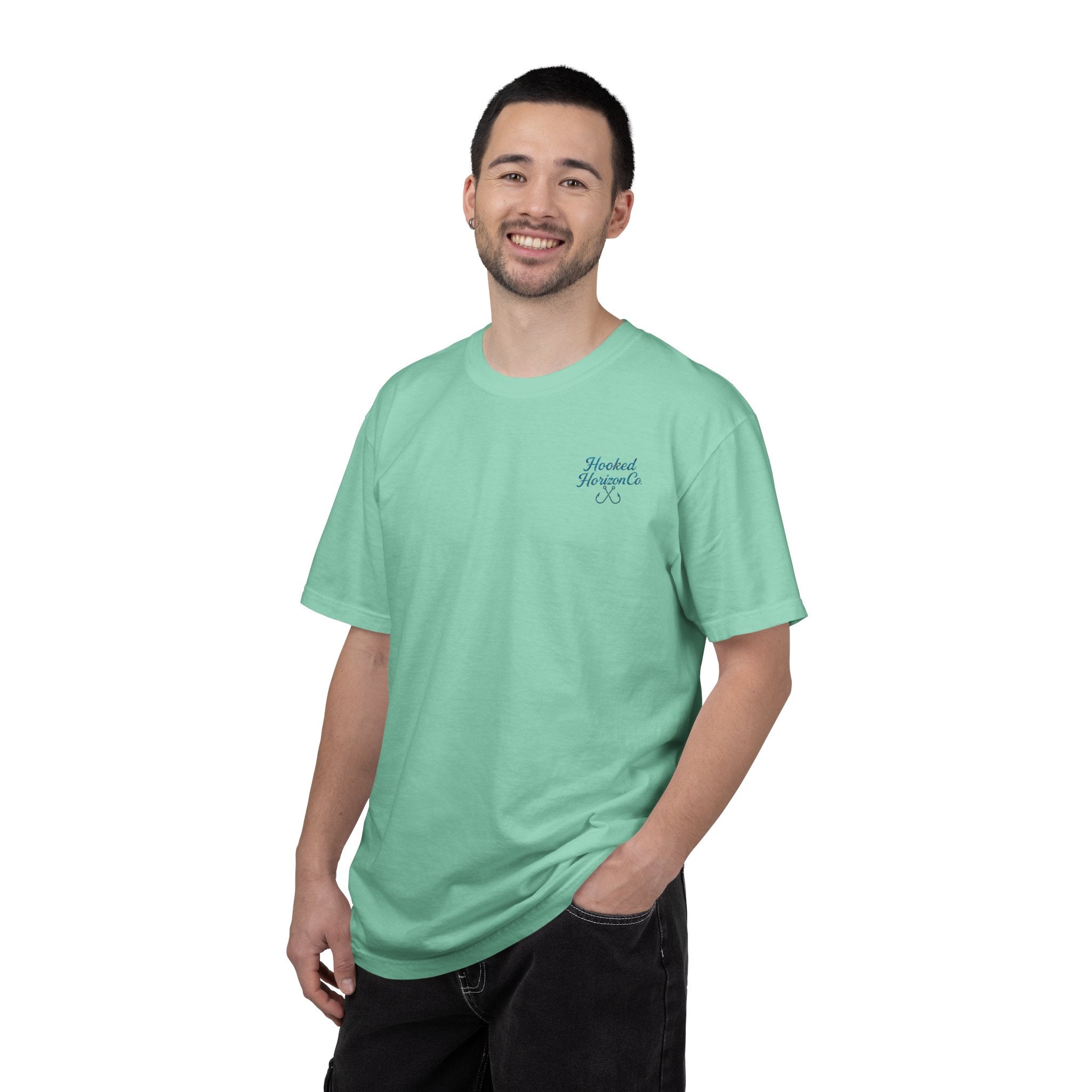 Mahi Mahi Hooked Horizon Co. — "Chasing Legends" Deep Drift Fishing Graphicishing Tee for Angler Lovers, Shark Lovers, Ocean Tee