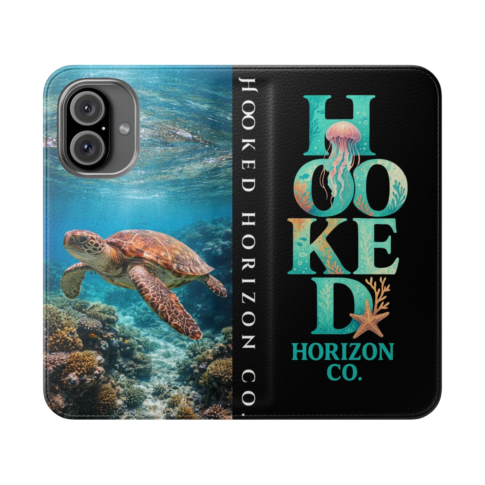 Turtle Hooked Horizon Co Flip Phone Case — Turquoise Water Pattern Wallet Cover
