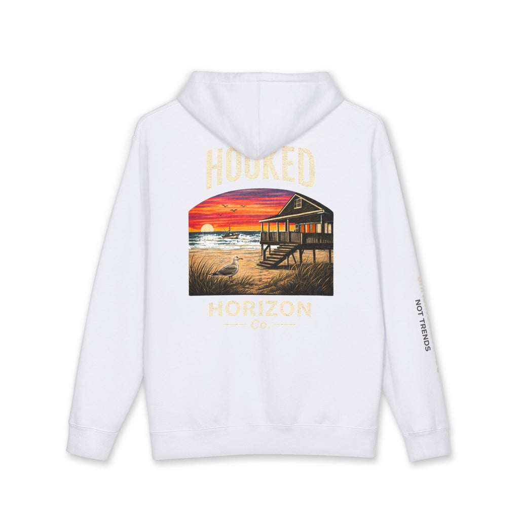 Seagull & Red Sunset Hoodie Hooked Horizon Co. — Minimal Fishing Back Graphic Hoodie, Multiple Color Variations