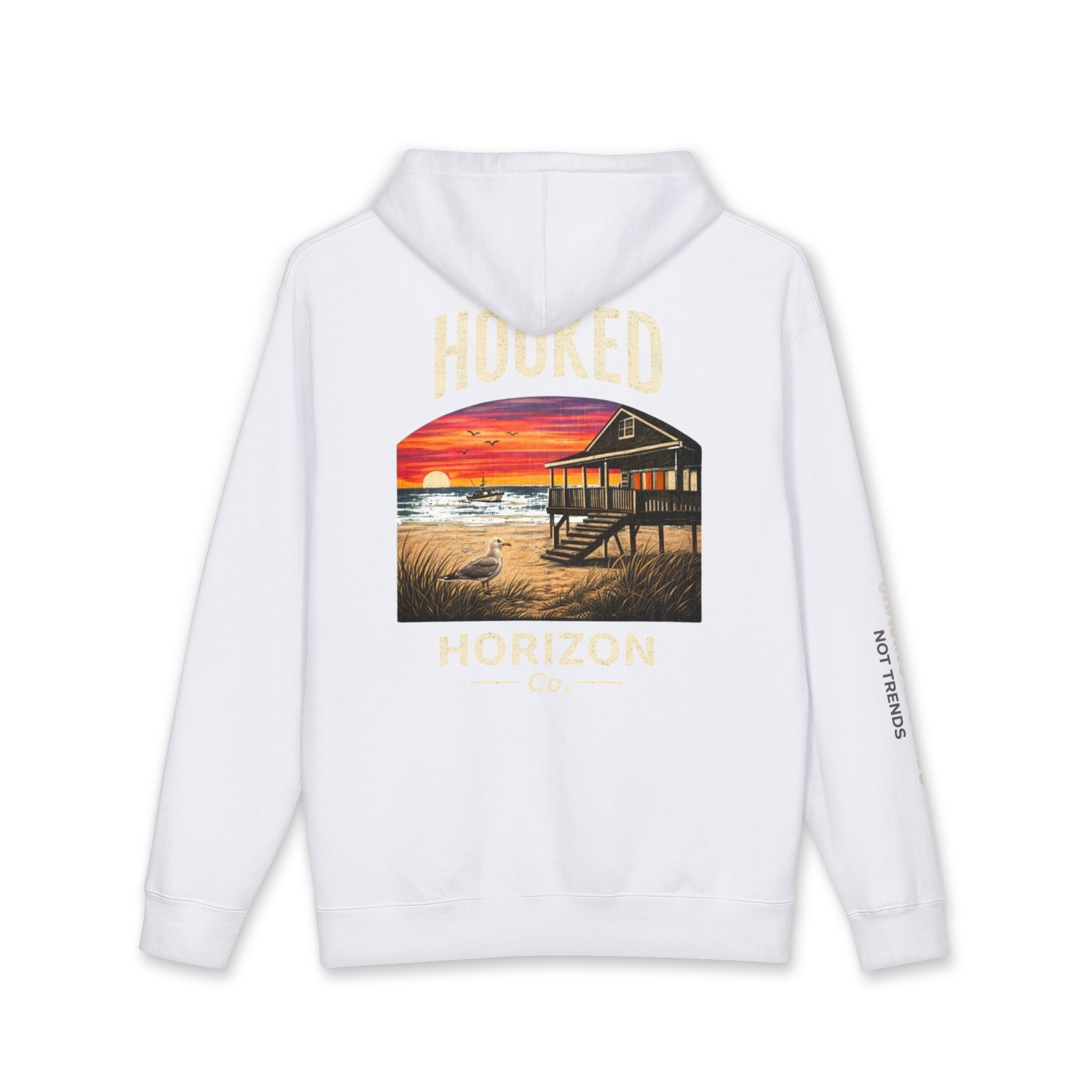 Seagull & Red Sunset Hoodie Hooked Horizon Co. — Minimal Fishing Back Graphic Hoodie, Multiple Color Variations