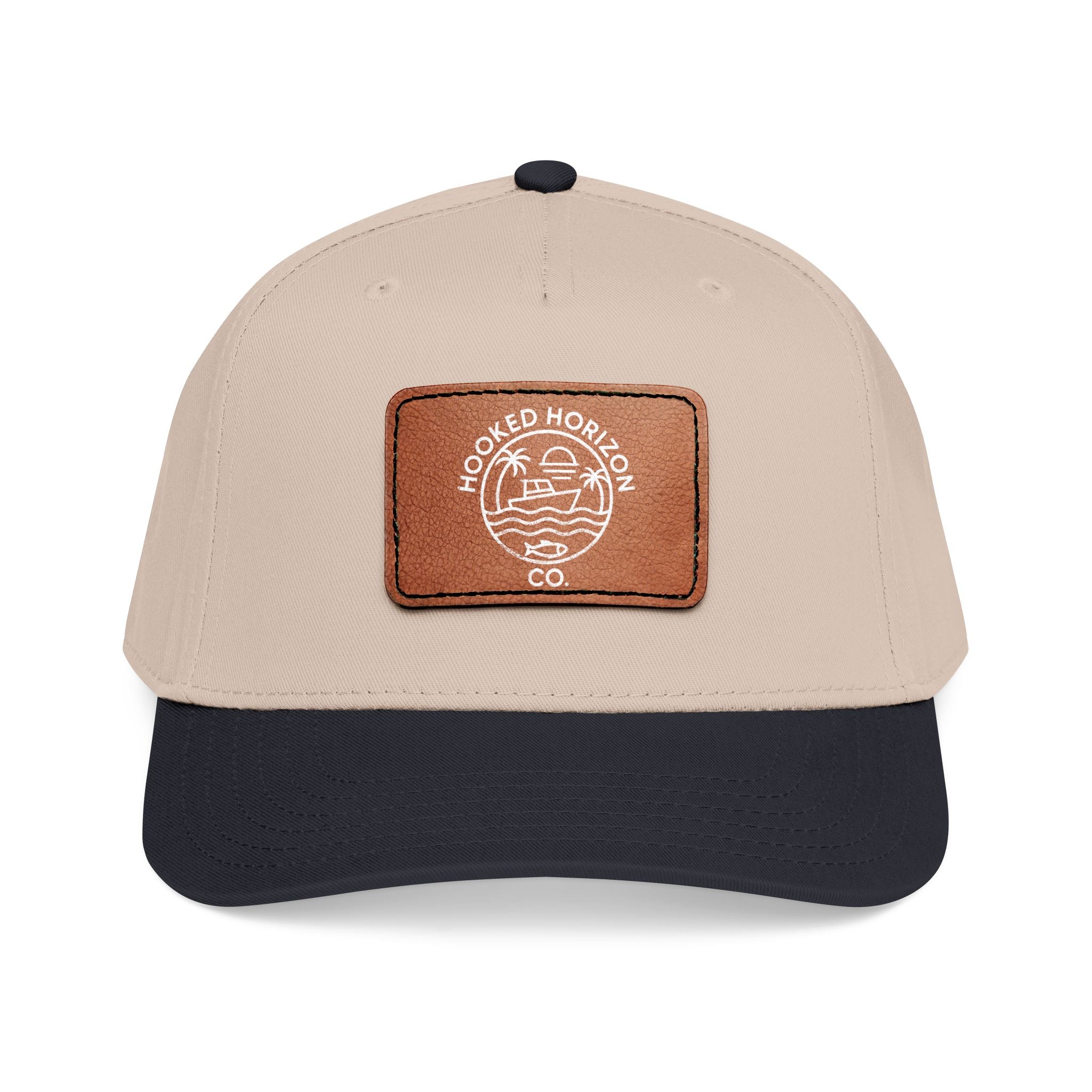 Hooked Horizon Co. 80s Inspired Logo–Leather Patch Baseball Cap — Hooked Horizon Co. Fishing Boat, Multiple Color Variations