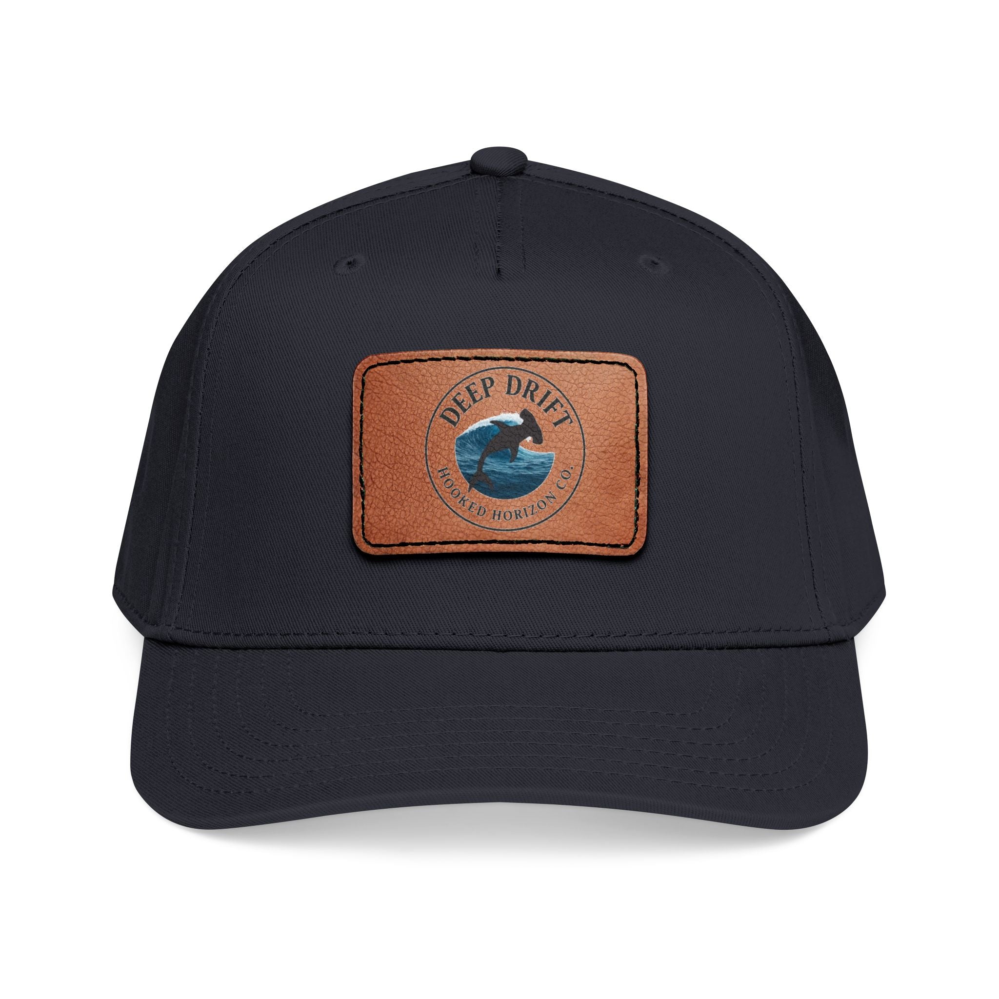 Deep Drift Leather Patch Baseball Cap — Hooked Horizon Co. Ocean Wave Logo, Multiple Color Variations