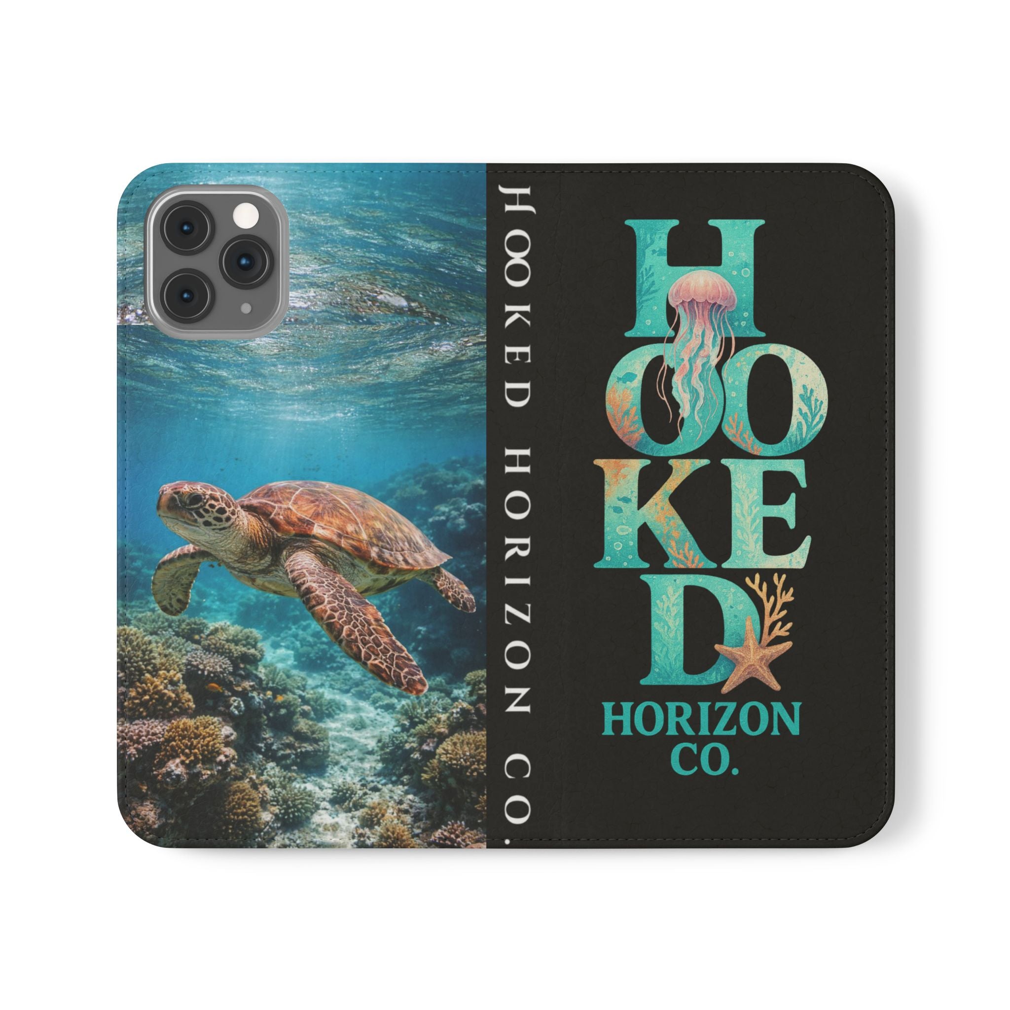 Turtle Hooked Horizon Co Flip Phone Case — Turquoise Water Pattern Wallet Cover