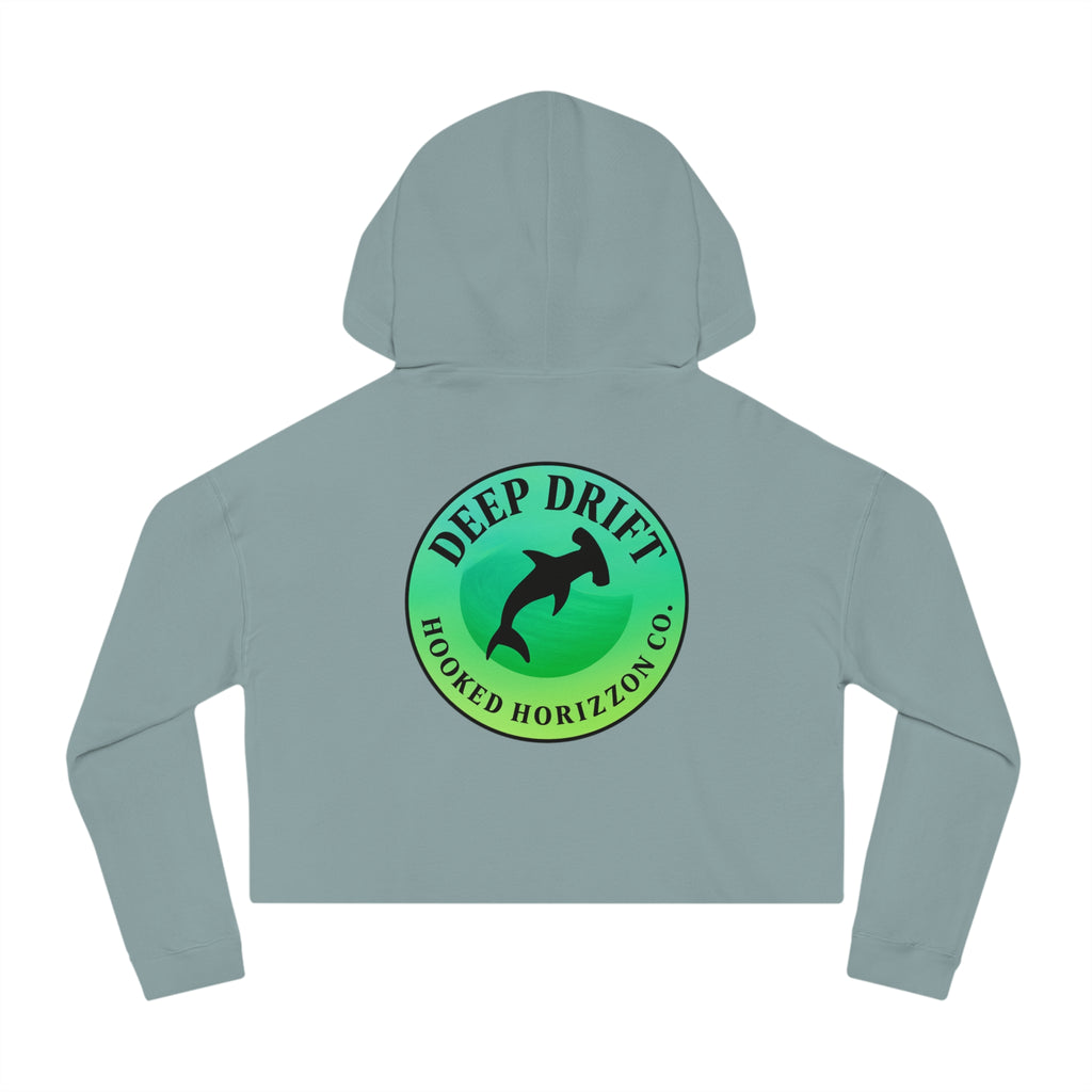 Green Hammer Head Shark Cropped Hoodie — "Deep Drift on the Water" Fishing Graphic