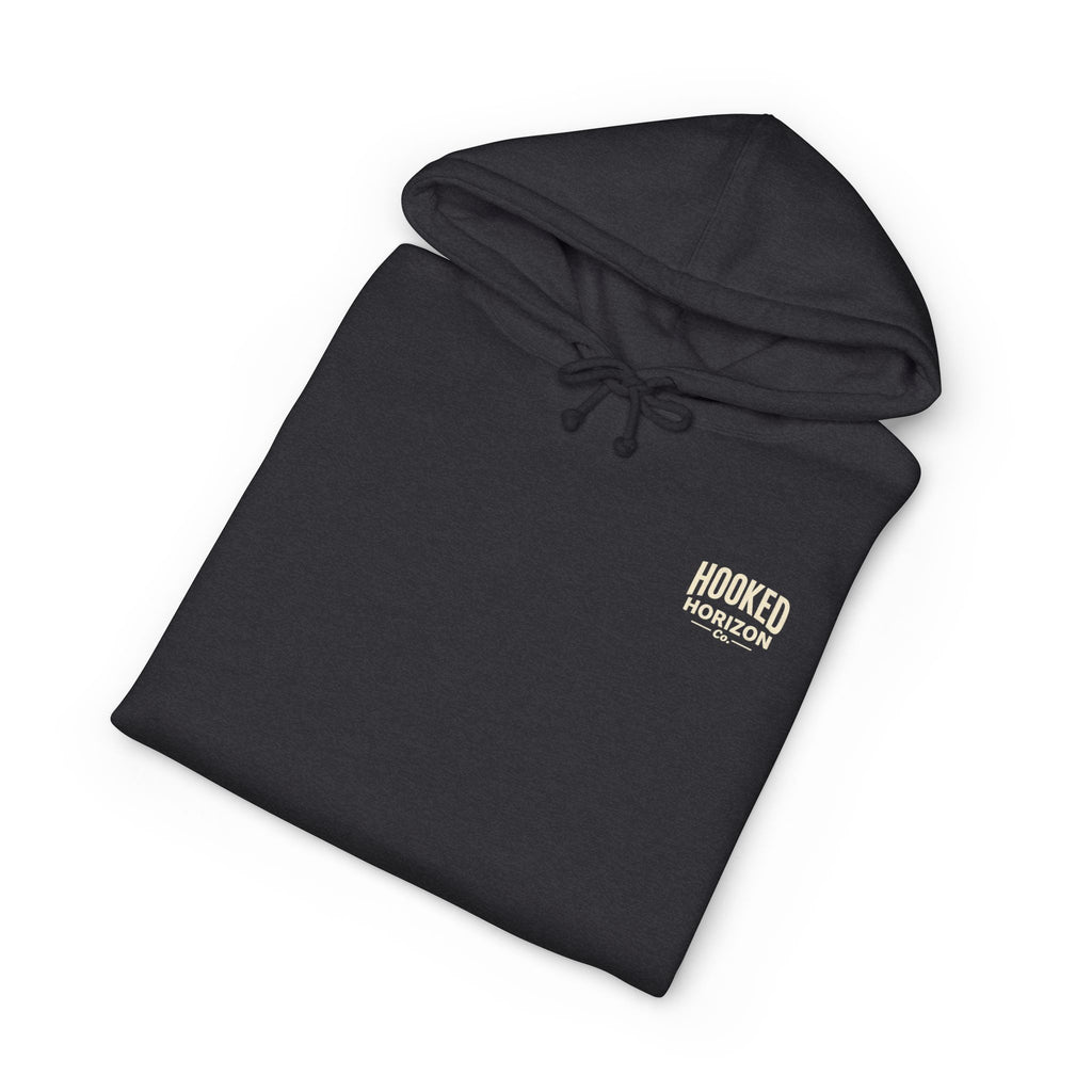Dog & Sunset Hoodie Hooked Horizon Co. — Minimal Fishing Back Graphic Hoodie, Multiple Color Variations