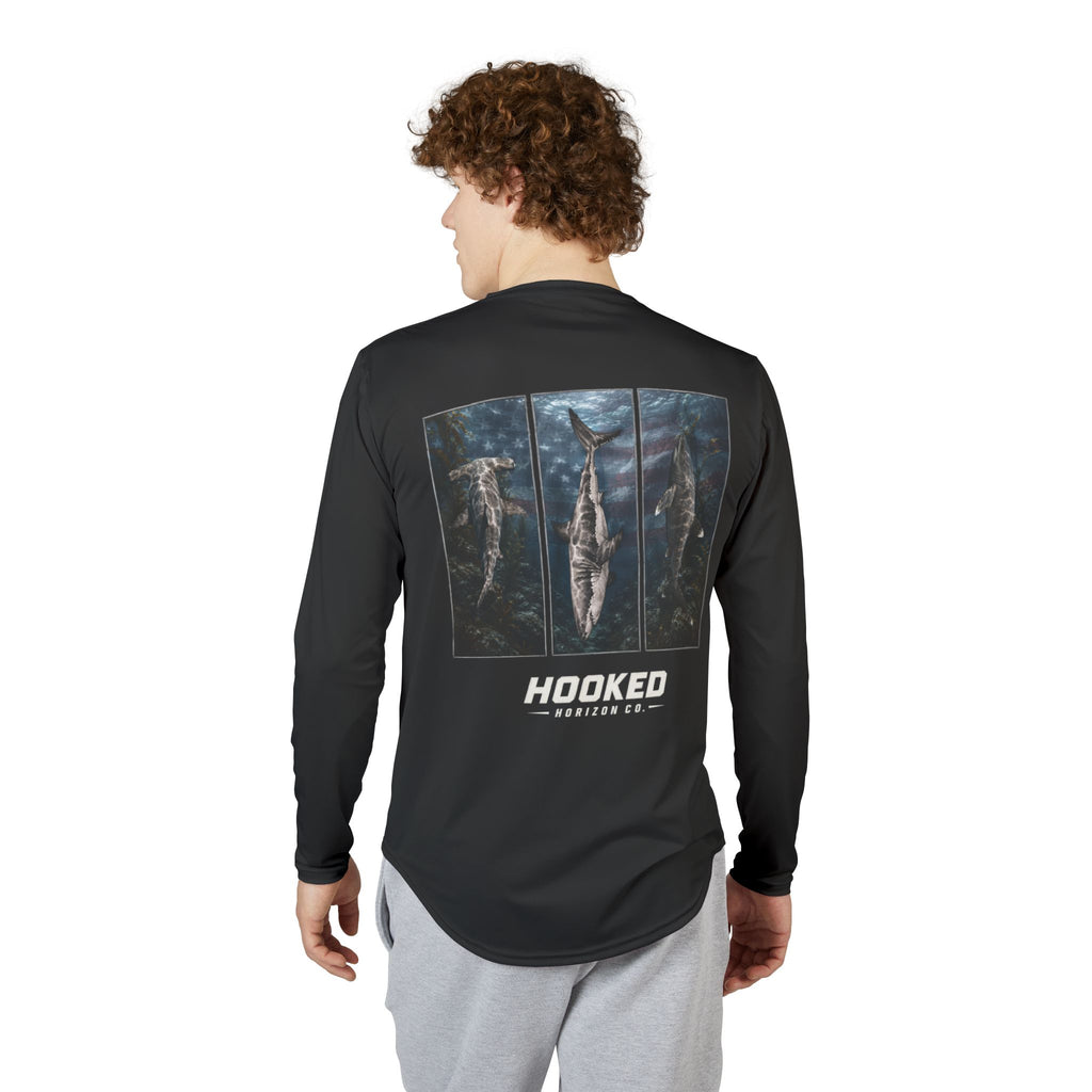 USA Triple Shark Hooked Horizon Co — Men's Long Sleeve UV Shirt — Chasing Legends Not Trends Graphic Performance Tee