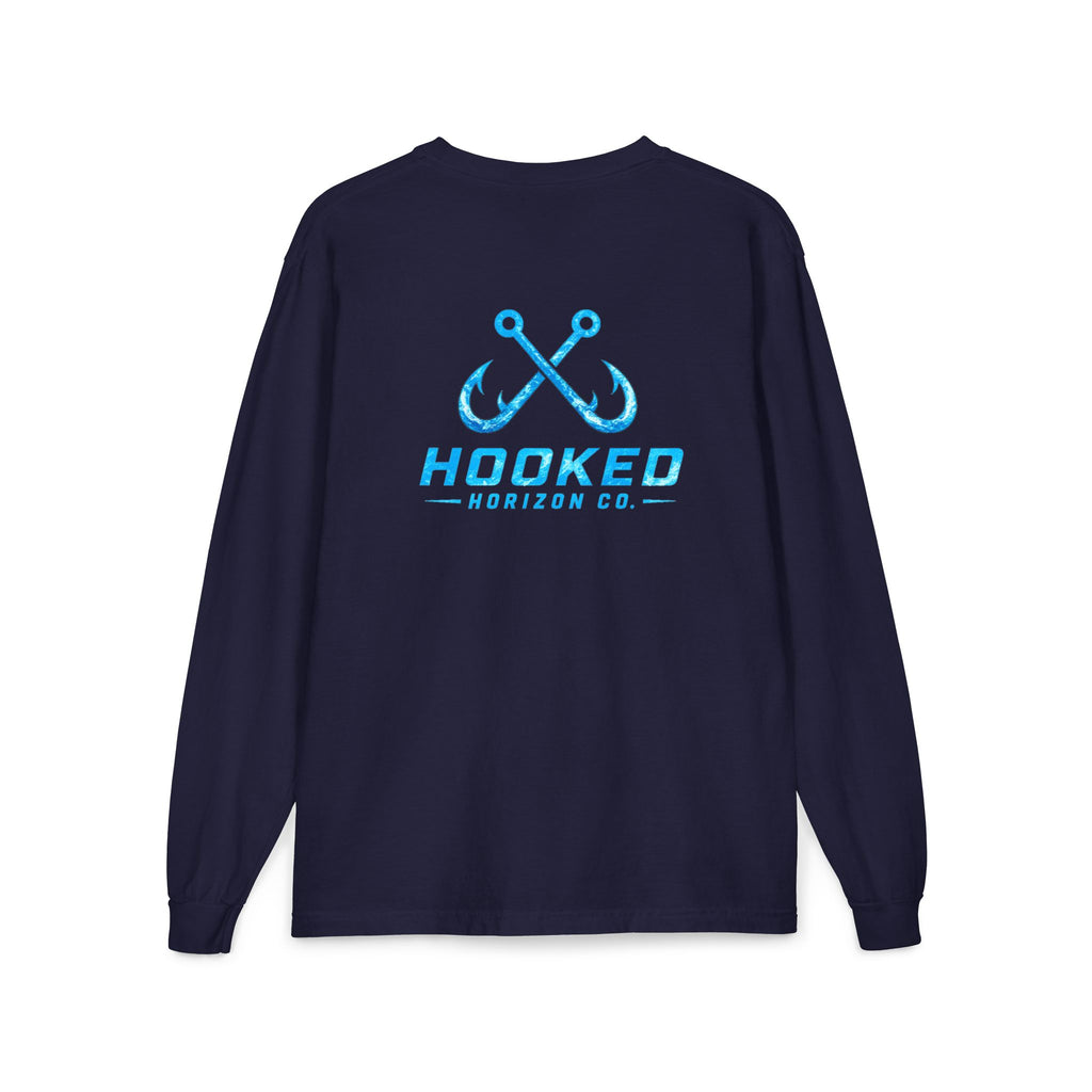 Bright Blue Hooked Horizon Co.  Classic Logo Unisex Long Sleeve Pocket T-Shirt