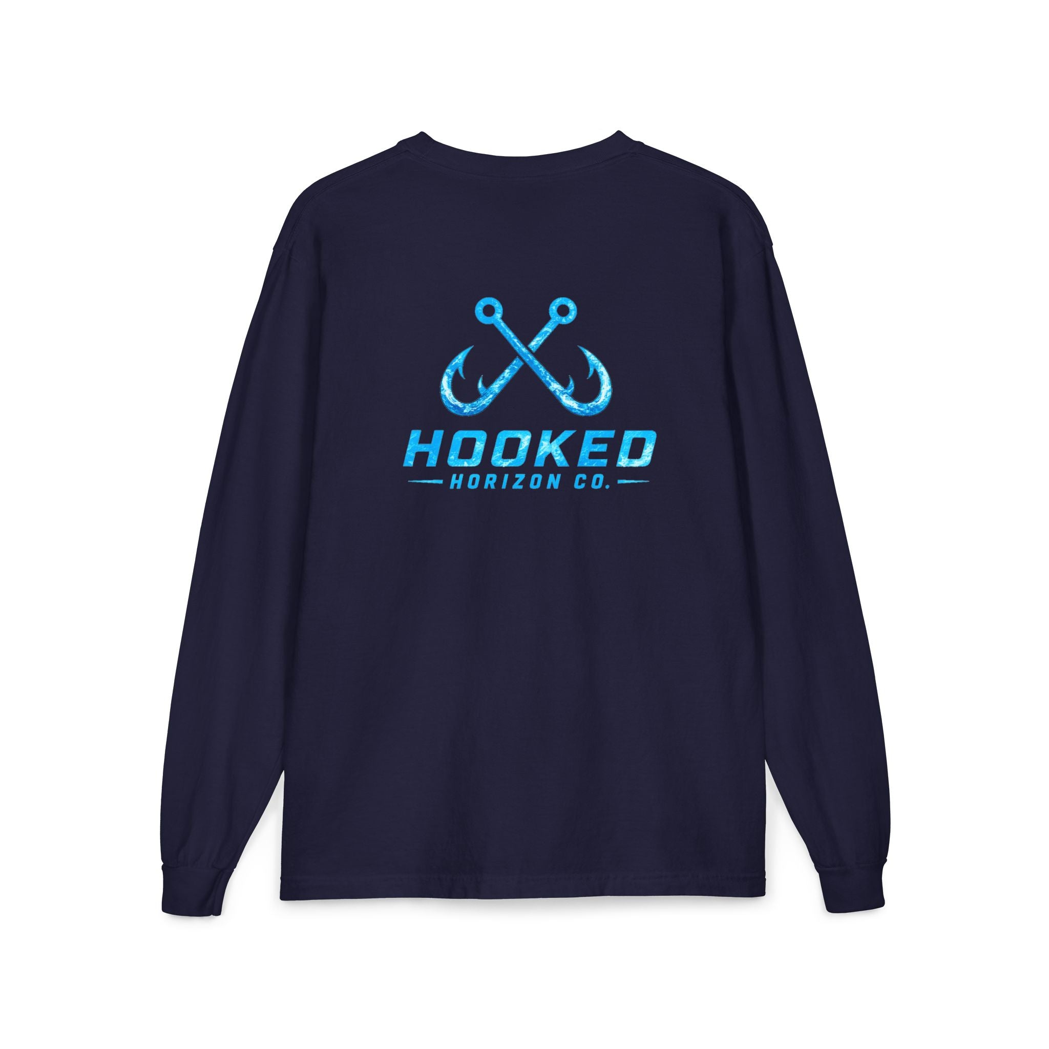 Bright Blue Hooked Horizon Co.  Classic Logo Unisex Long Sleeve Pocket T-Shirt