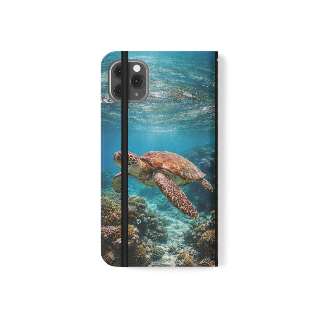 Turtle Hooked Horizon Co Flip Phone Case — Turquoise Water Pattern Wallet Cover