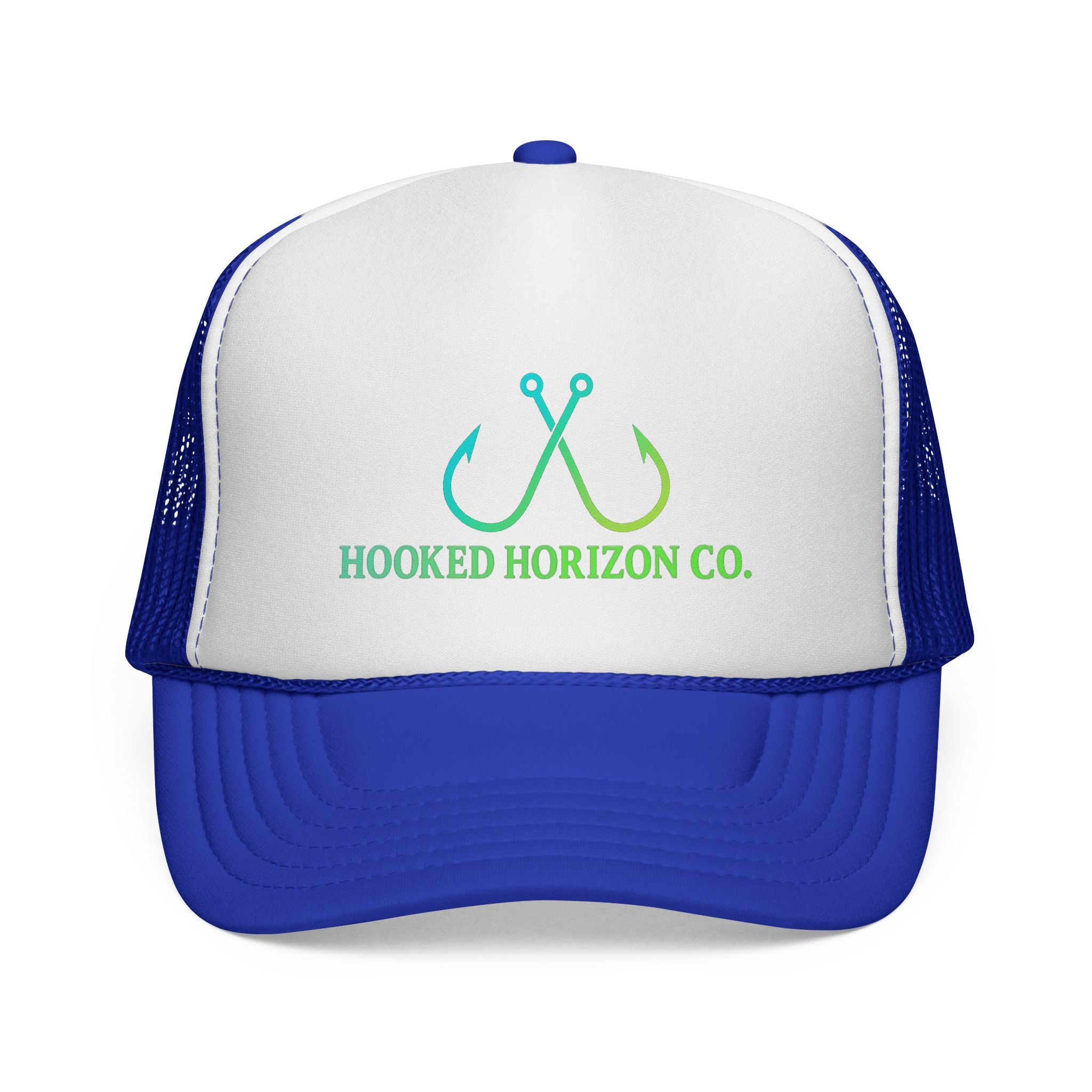 Sea Green & Teal Blue Trucker Cap — Hooked Horizon Co. Fishing Hooks Logo