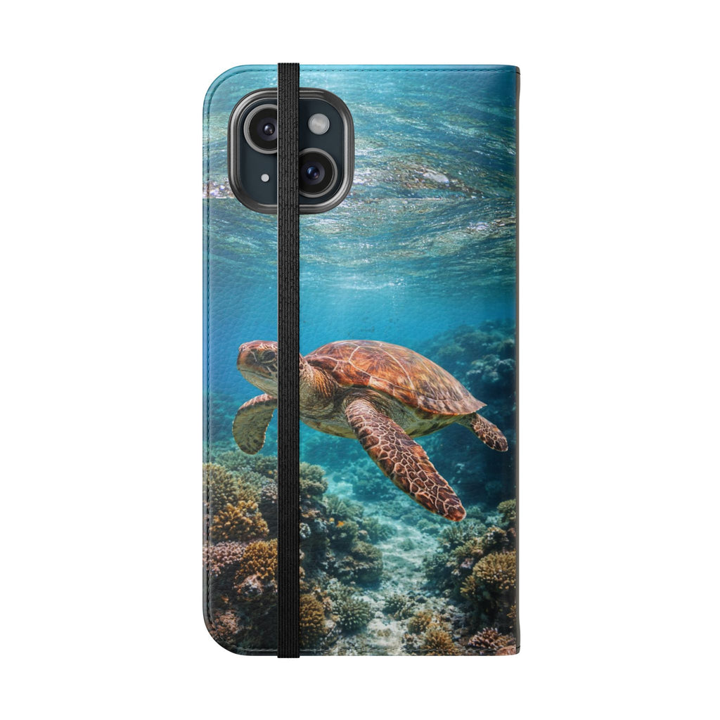 Turtle Hooked Horizon Co Flip Phone Case — Turquoise Water Pattern Wallet Cover