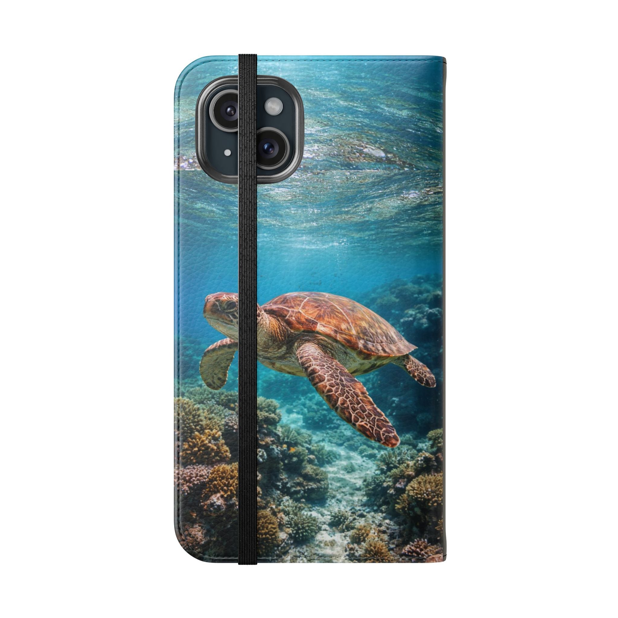 Turtle Hooked Horizon Co Flip Phone Case — Turquoise Water Pattern Wallet Cover