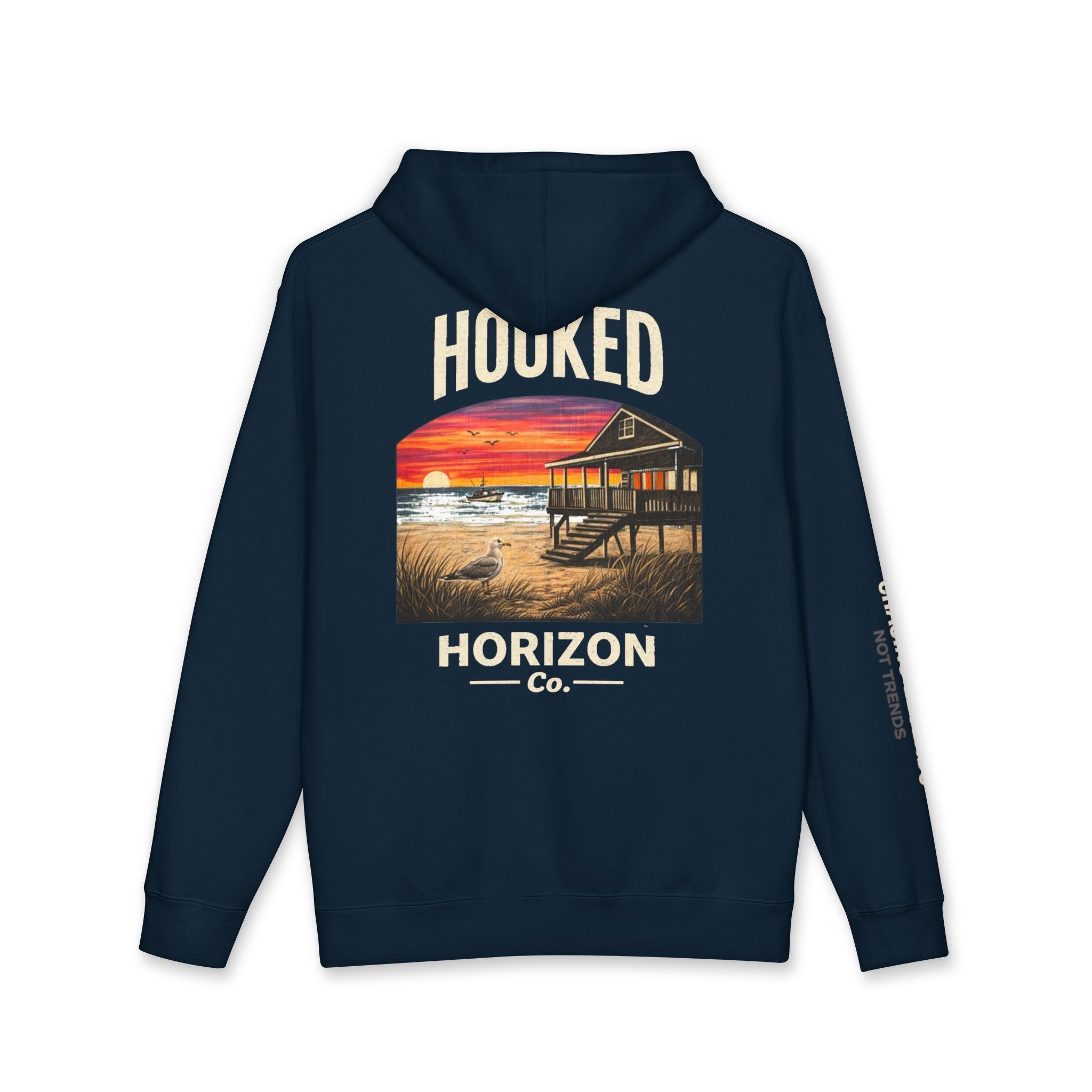 Seagull & Red Sunset Hoodie Hooked Horizon Co. — Minimal Fishing Back Graphic Hoodie, Multiple Color Variations