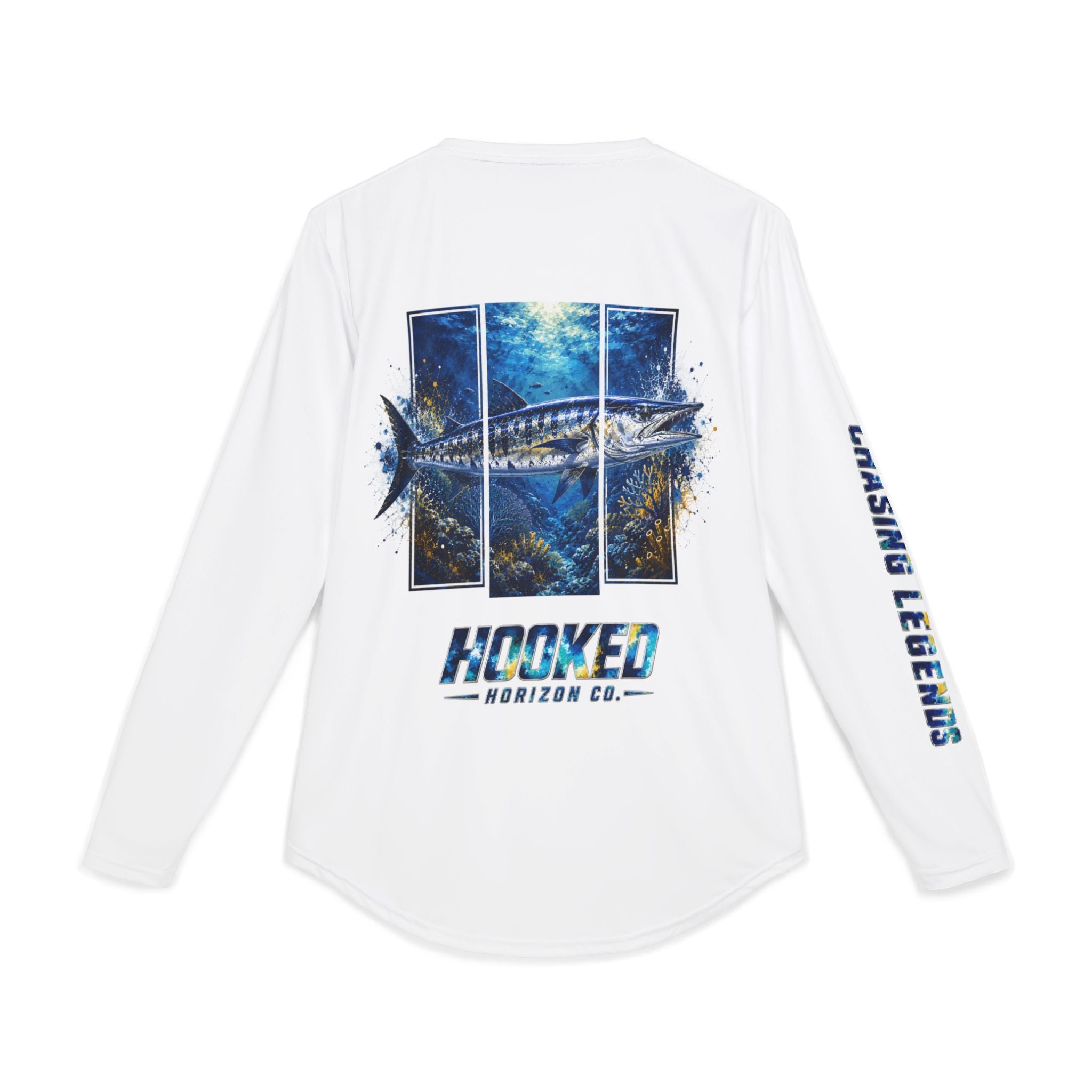Barracuda Hooked Horizon Co — Men's Long Sleeve UV Shirt — Chasing Legends Not Trends Orca Ocean Graphic Performance Tee